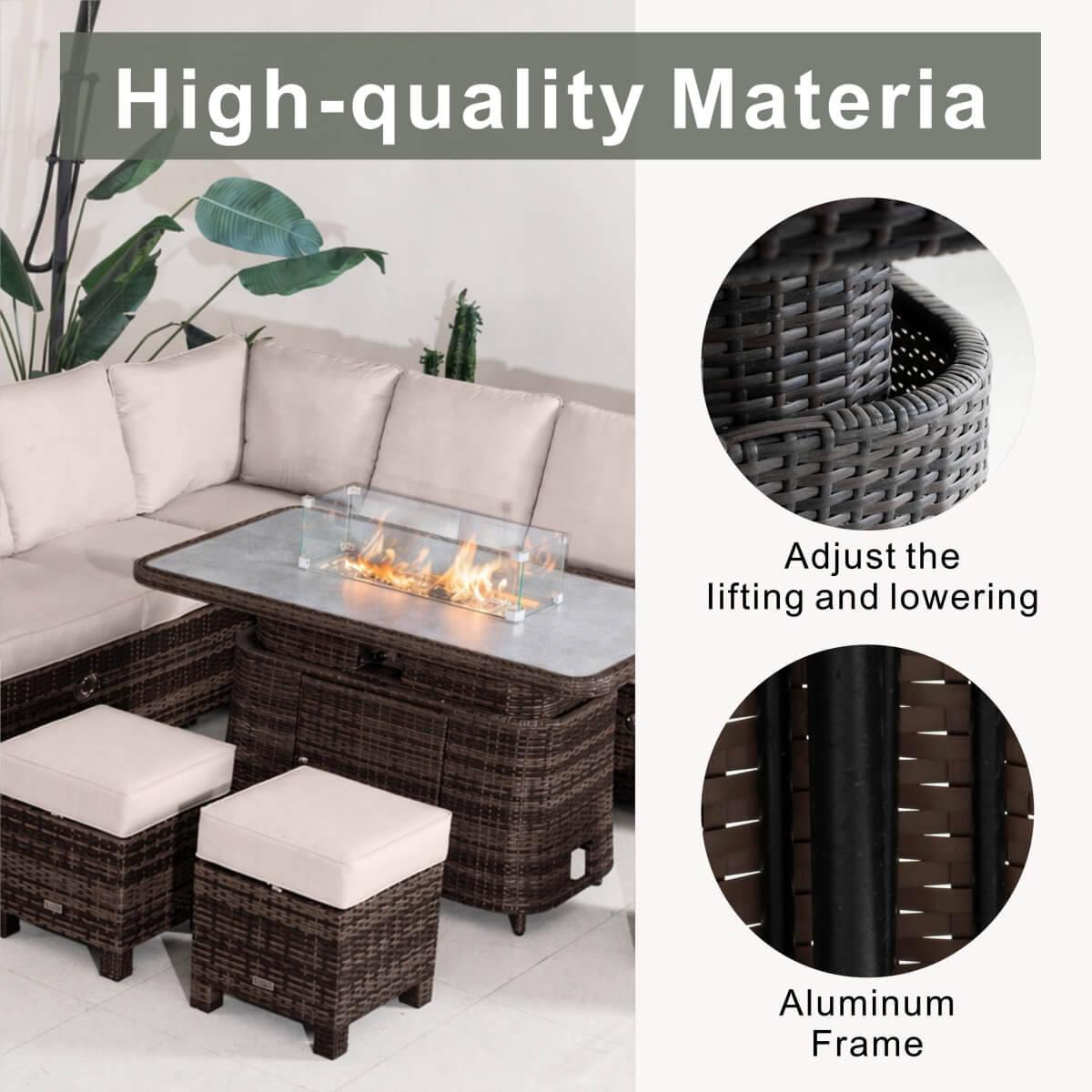 9-Seater Aluminium Fire Pit Sofa Set - Lift-Top Table with Adjustable Armrests