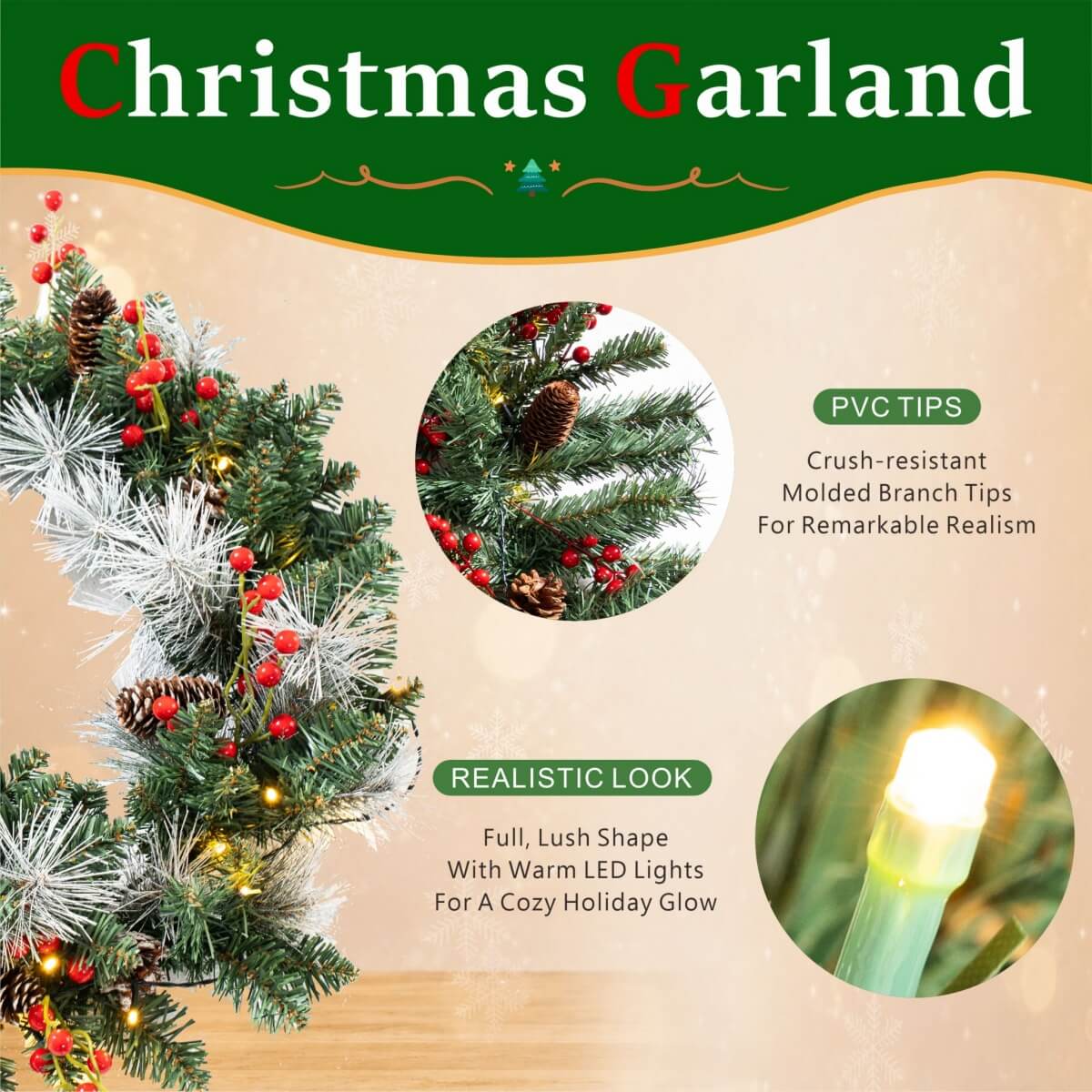 PVC & PE Christmas Garland with Red Berries & Pine Cones - Realistic Evergreen Foliage