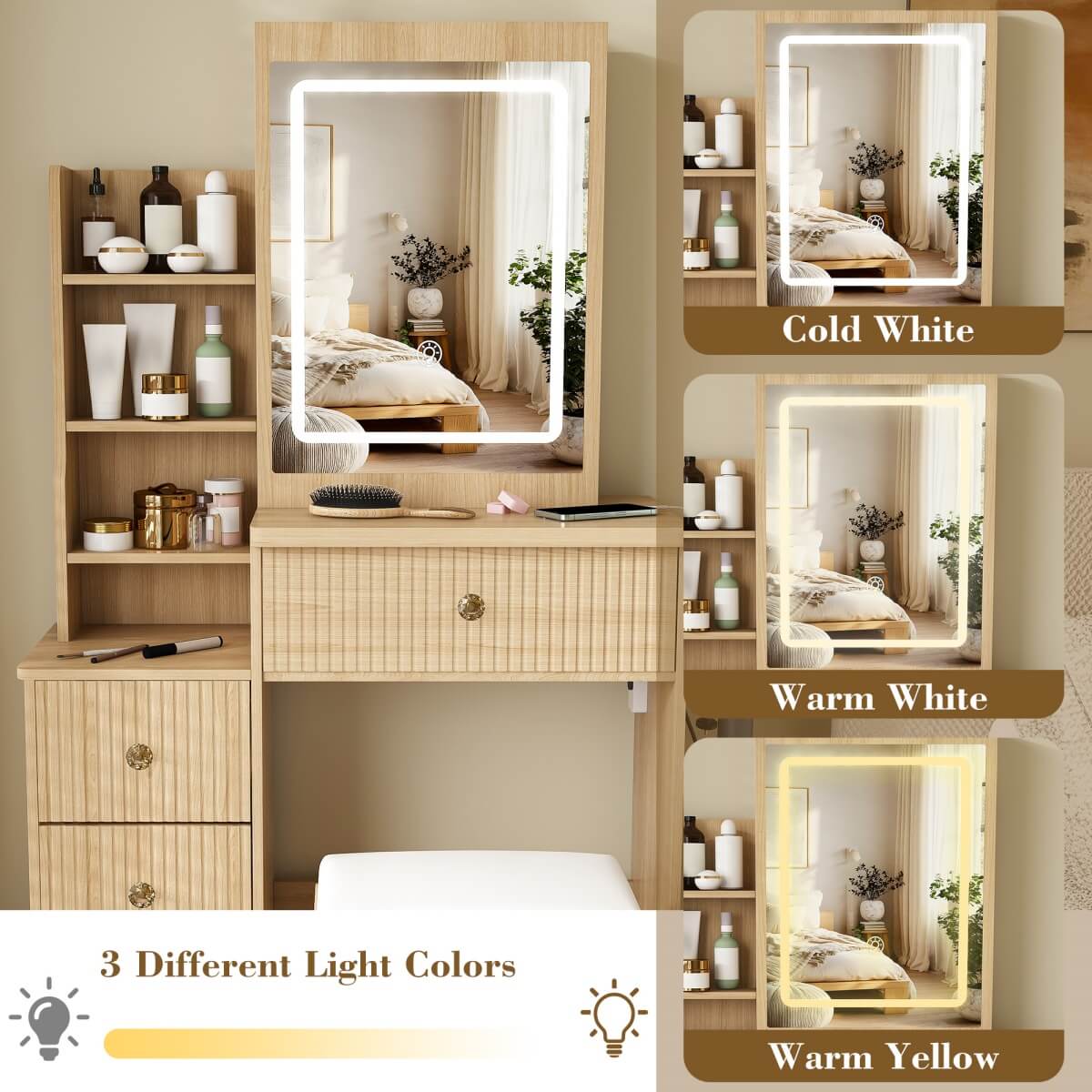 Modern Makeup Vanity Desk - 3-Mode Adjustable LED Lights, 4 Drawers, Open Storage Shelves, Hair Dryer Holder, Power Socket & Dressing Stool, Natural