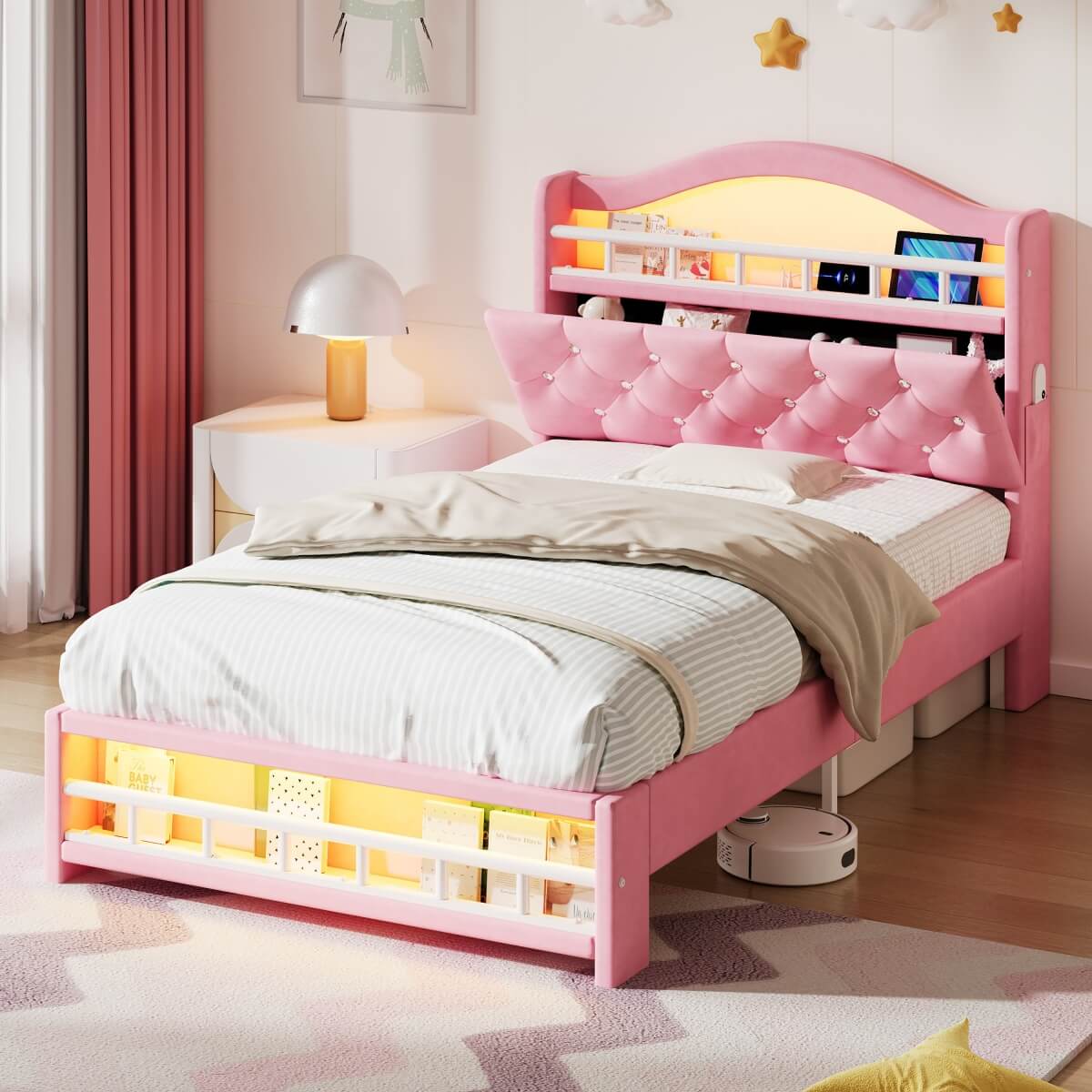 3ft Single Velvet LED Bed with Storage & Charging Station - Upholstered Pink Bed Frame