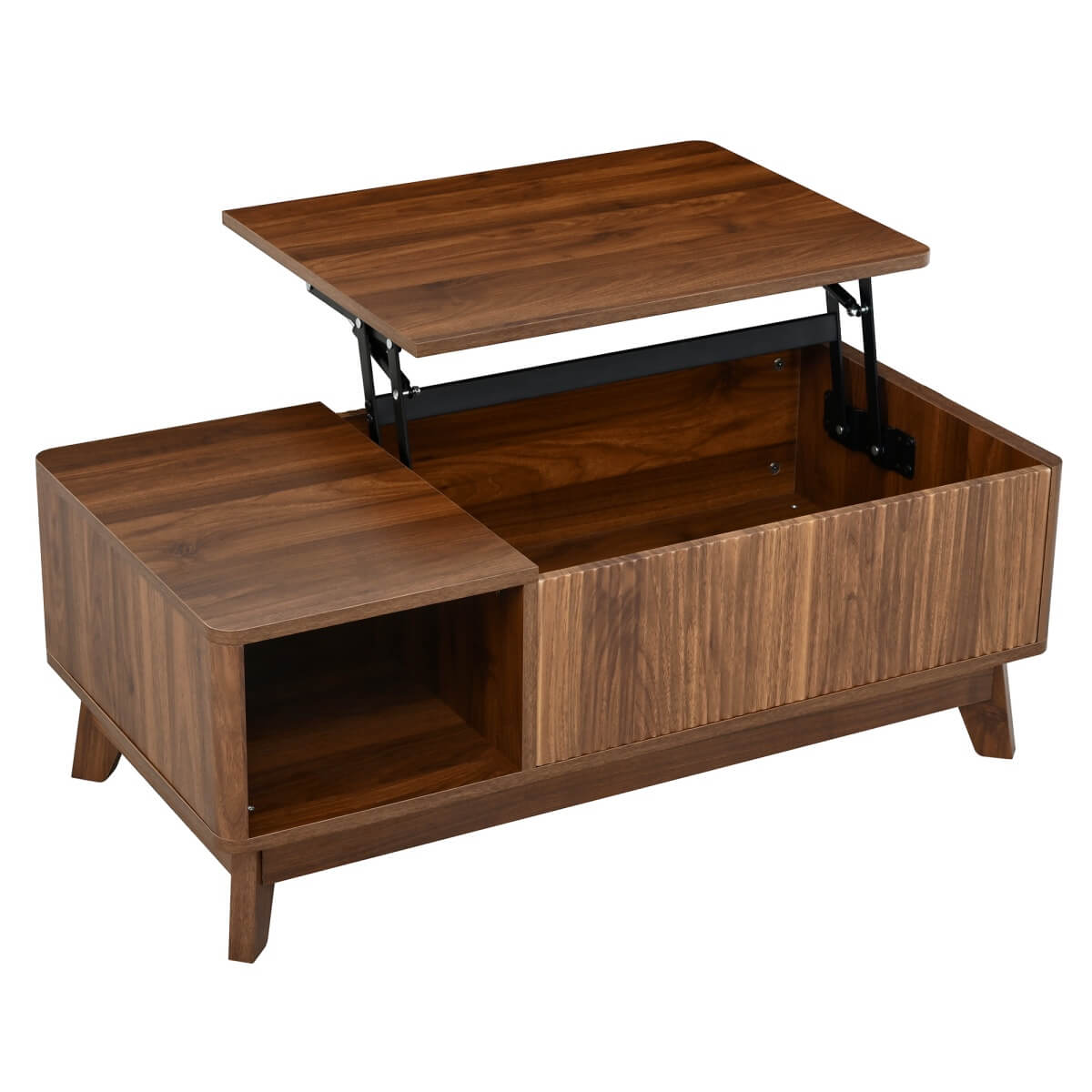 Modern Lift Top Coffee Table with 3D Wave Design - MDF Living Room Table with Open Side Storage Compartment, Walnut
