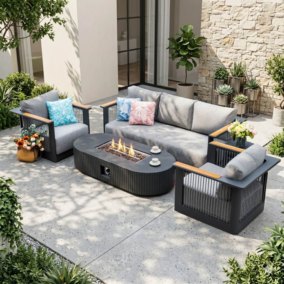 TALARA 5-Seater Aluminium Sofa Set with LYRIN Fire Pit Table