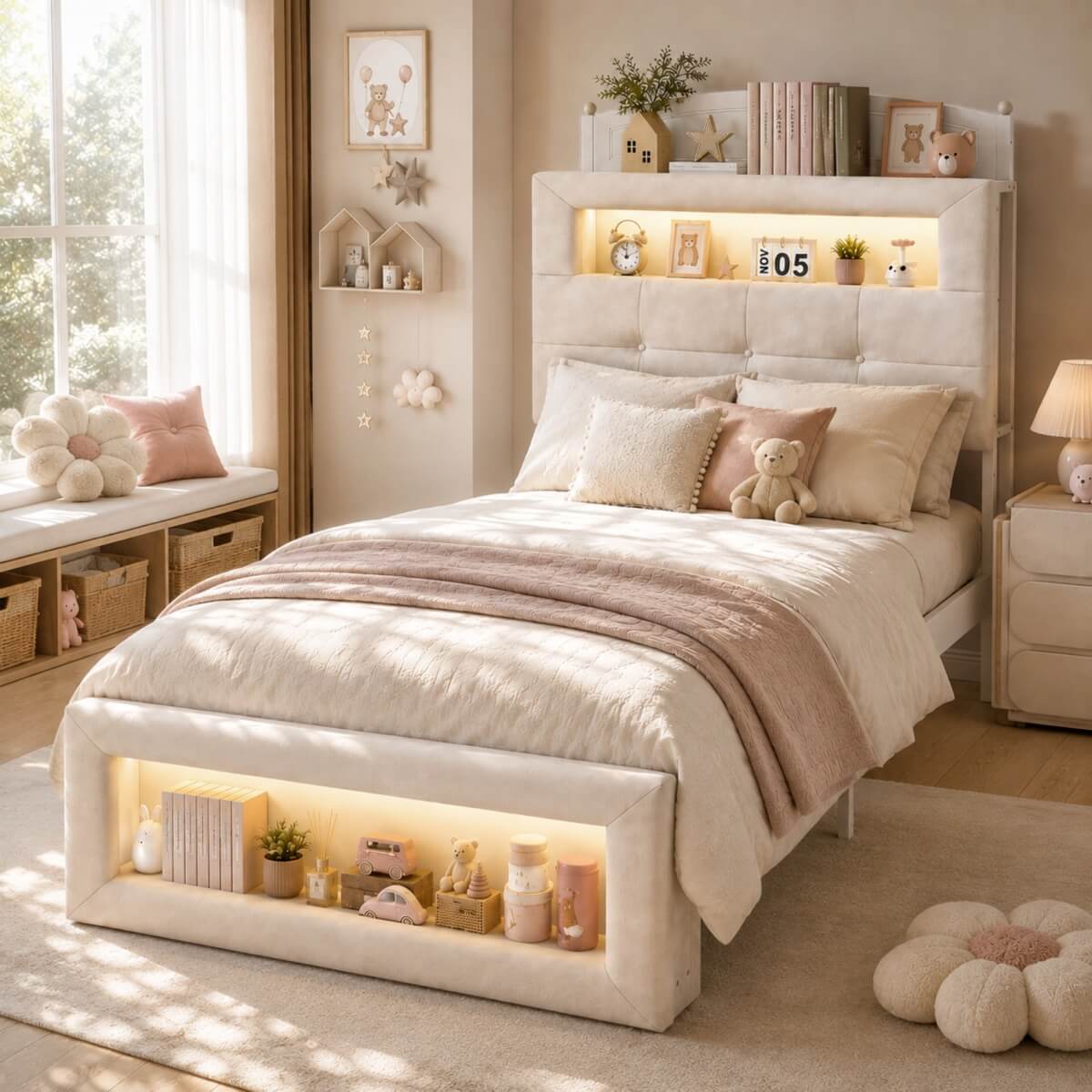 3ft Single Upholstered Storage Bed with LED Lights - Storage Headboard and Footboard, Velvet, Cream White