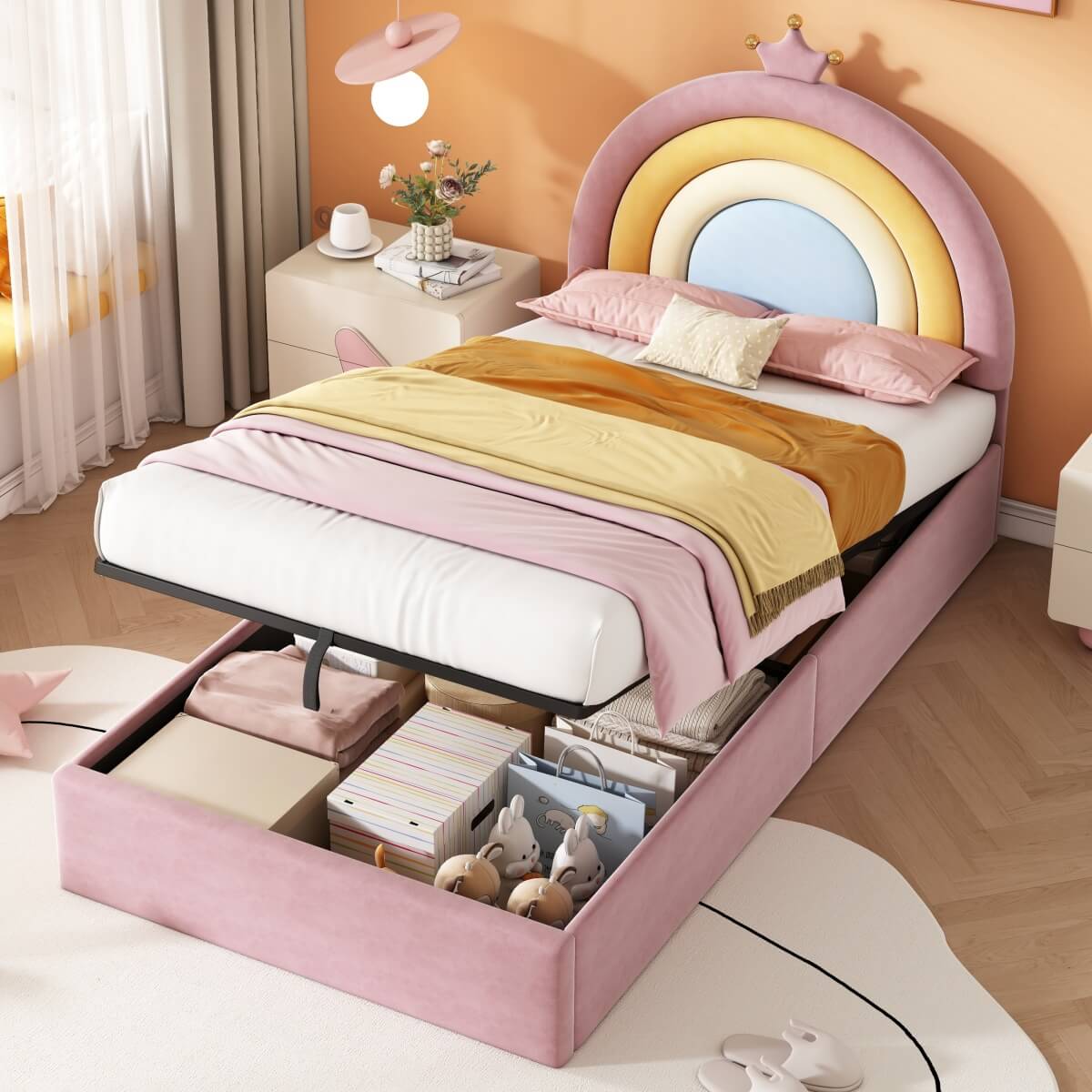 3ft Single Upholstered Storage Bed - Velvet Hydraulic Bed Frame with Rainbow Crown Headboard, Pink
