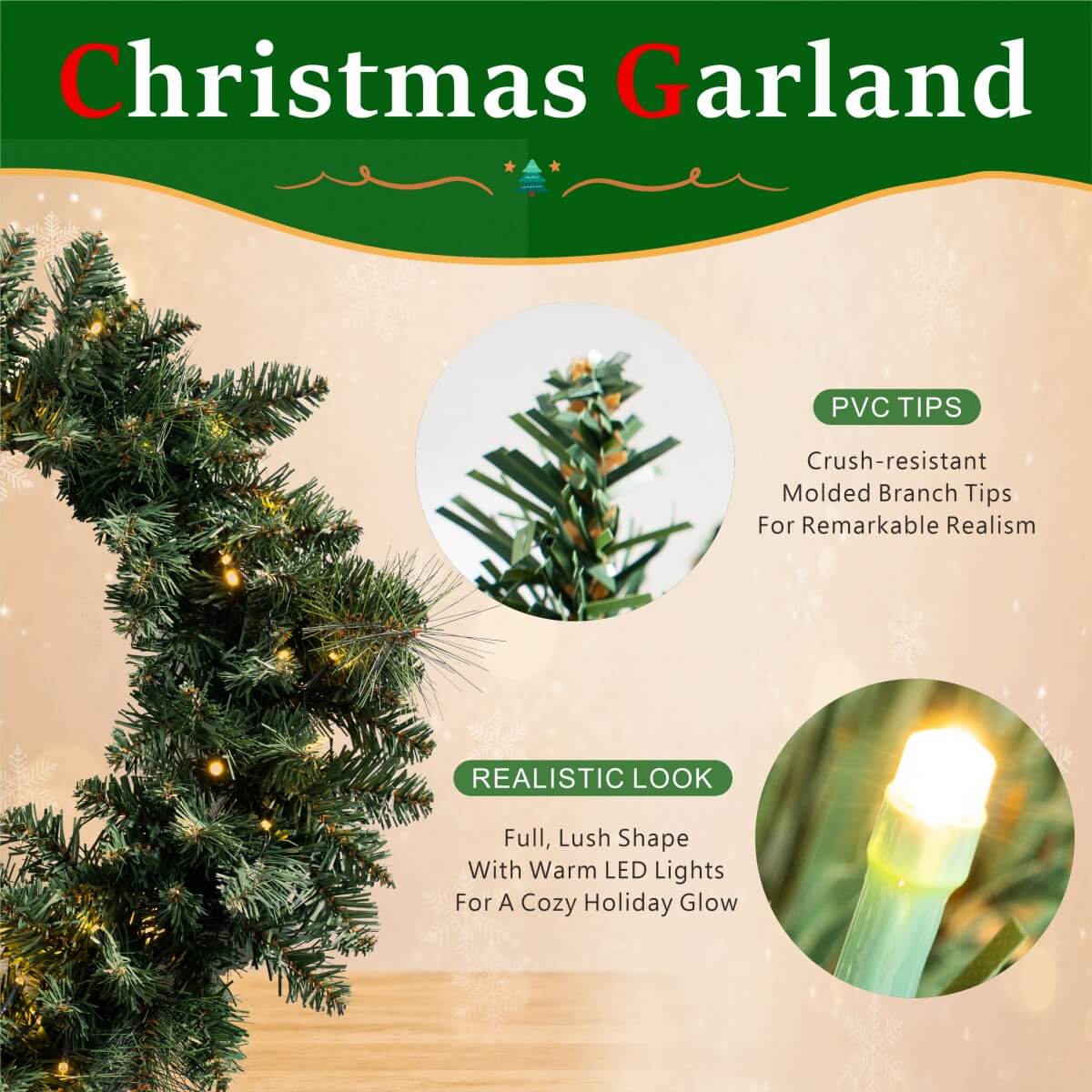 Artificial Christmas Wreath - Realistic PVC Foliage Wreath with Pre-Lit LED Lights for Festive Home & Door Decoration