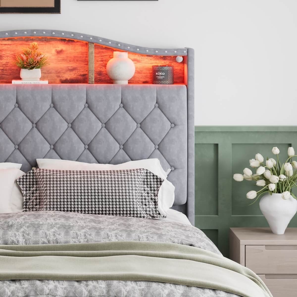 4ft6 Velvet Upholstered Storage Bed with LED Light Strip - Double Bed with Slatted Base, Grey