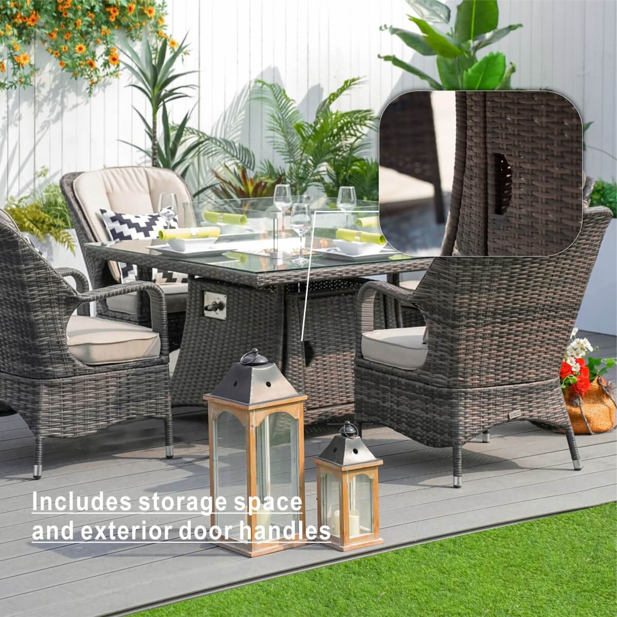 4-Seater Rattan Fire Pit Table Set - Square Gas Fire Pit Table with Wind Guard & Tempered Glass, Brown