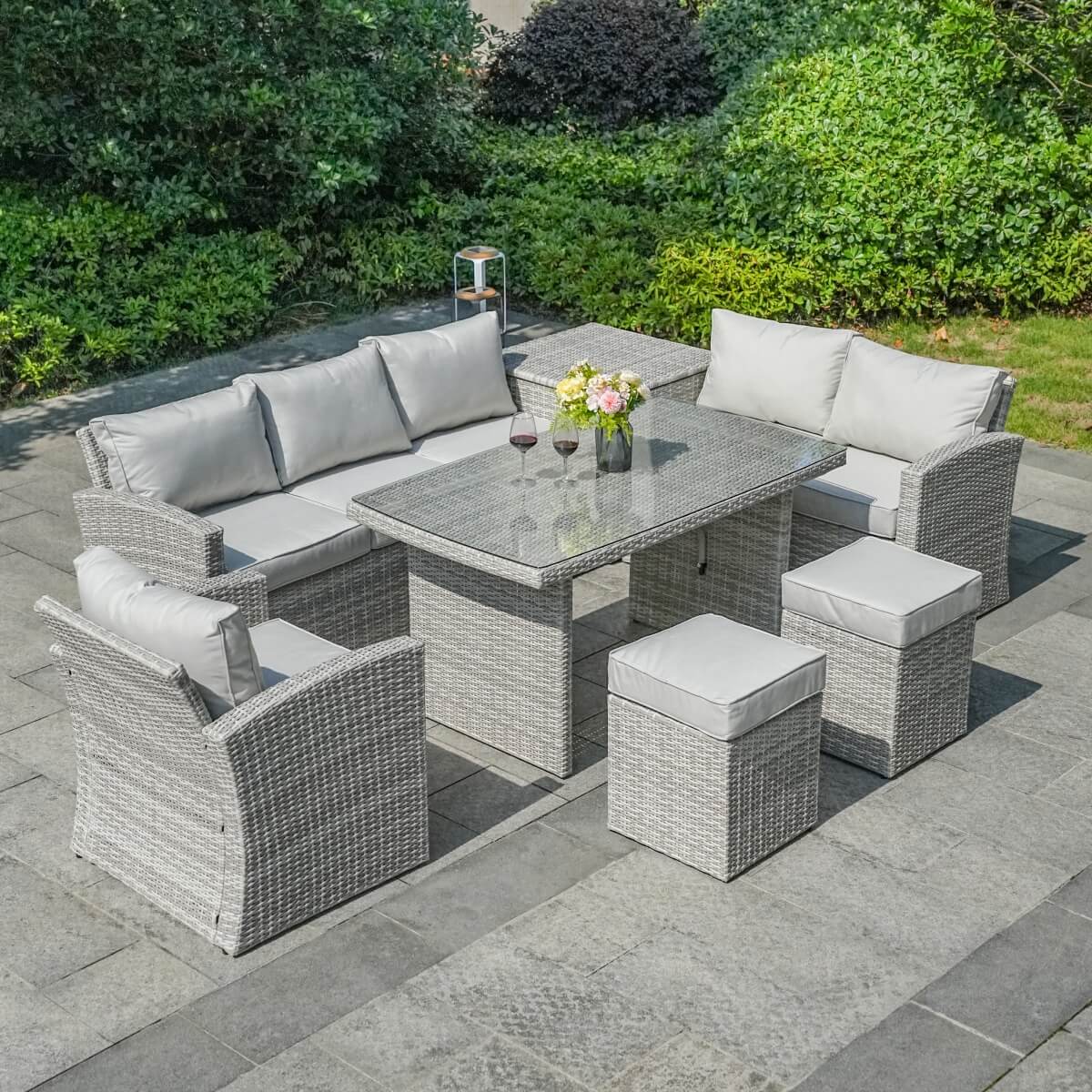 8 Seater Outdoor Rattan Sofa Set with Side Table & Footstools - Garden Furniture Set, Whitewash