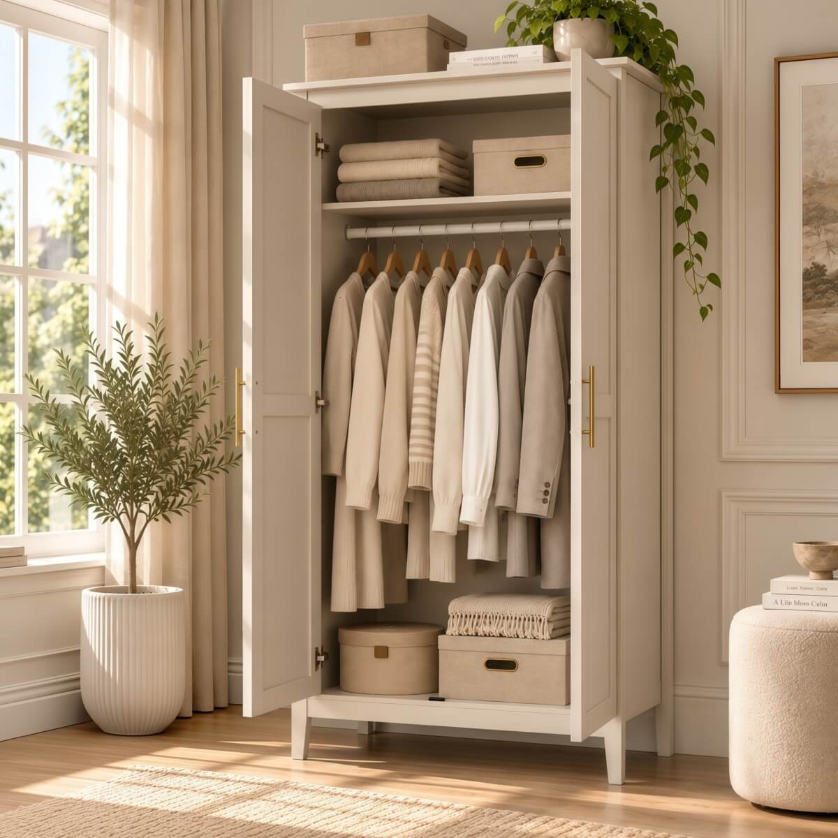 2-Door Freestanding Wardrobe - Hanging Rail, Storage Shelf, Gold Handles and Raised Legs, Cashmere