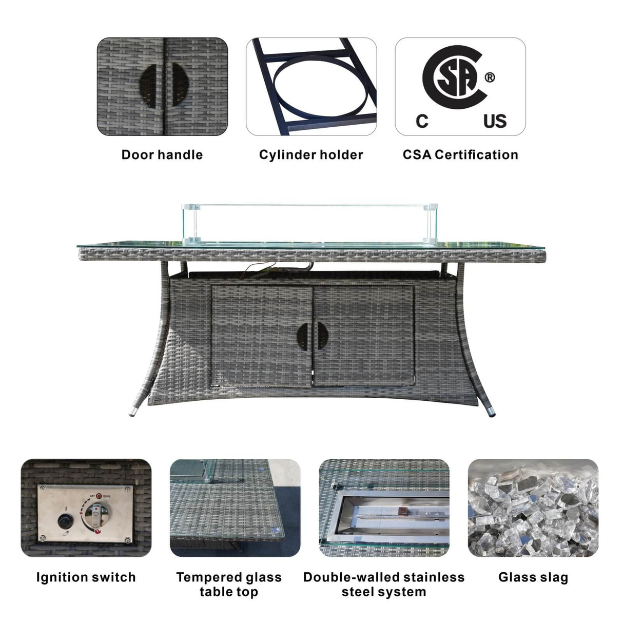 9 Seater Outdoor Rattan Fire Pit Sofa Set – Garden Lounge with Rectangular Fire Pit Table and Side Table with Built-In Storage