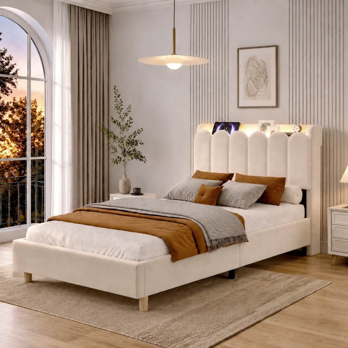 3ft Single Upholstered Storage Bed - Velvet Bed Frame with Storage Headboard, USB & Type-C Charging Ports and Reading Light, Beige