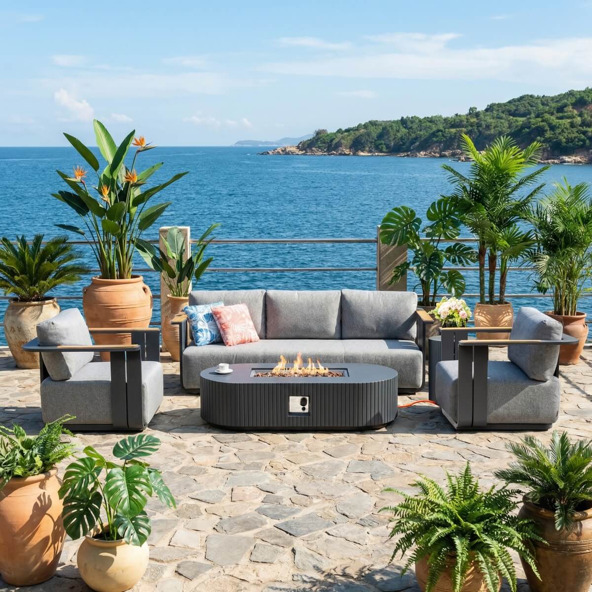 VAREL 4-Piece Sofa Set with LYRIN Fire Pit Table (2 Armchairs + 3-Seater)