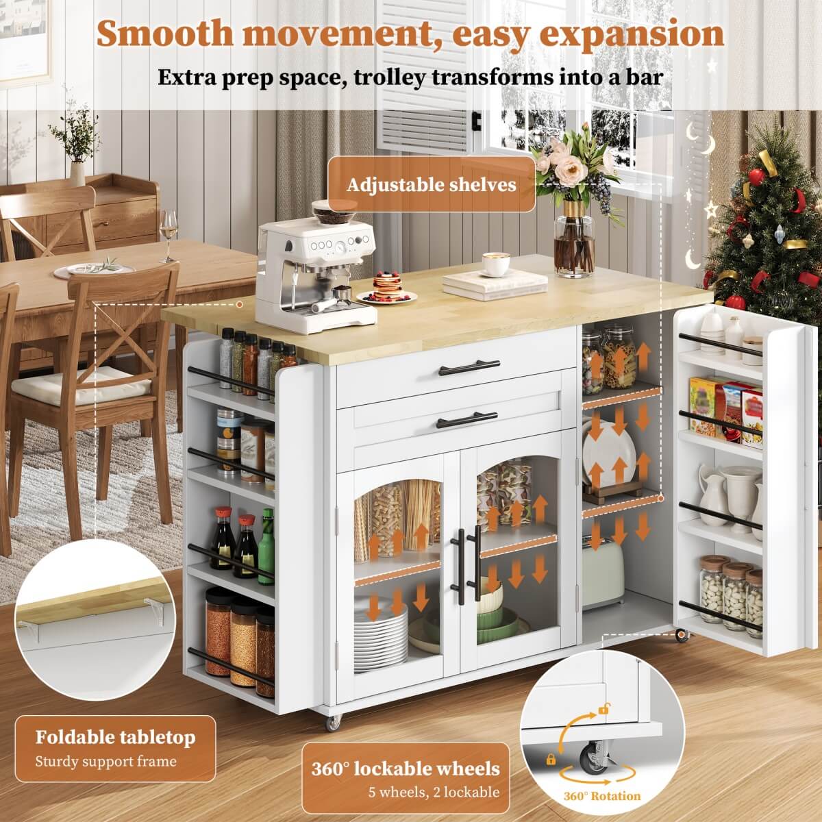 Kitchen Island Trolley - Foldable Worktop, Storage Shelves, Drawer, Wheels
