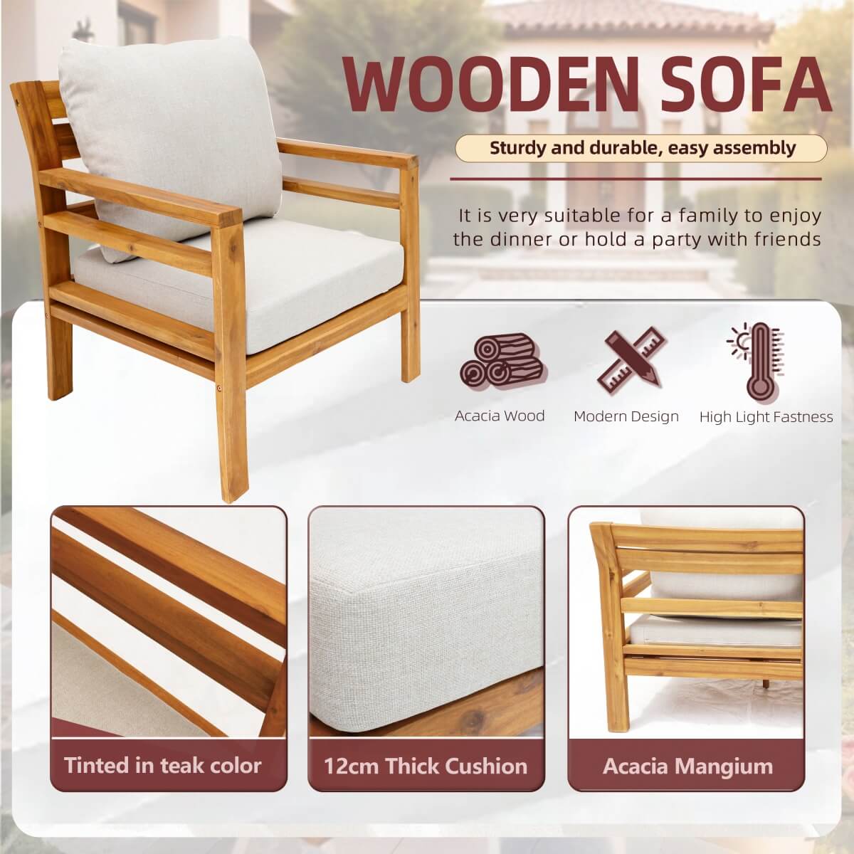 5-Seater Acacia Wood Outdoor Sofa Set – Solid Wood Garden Lounge with Coffee Table and Side Table