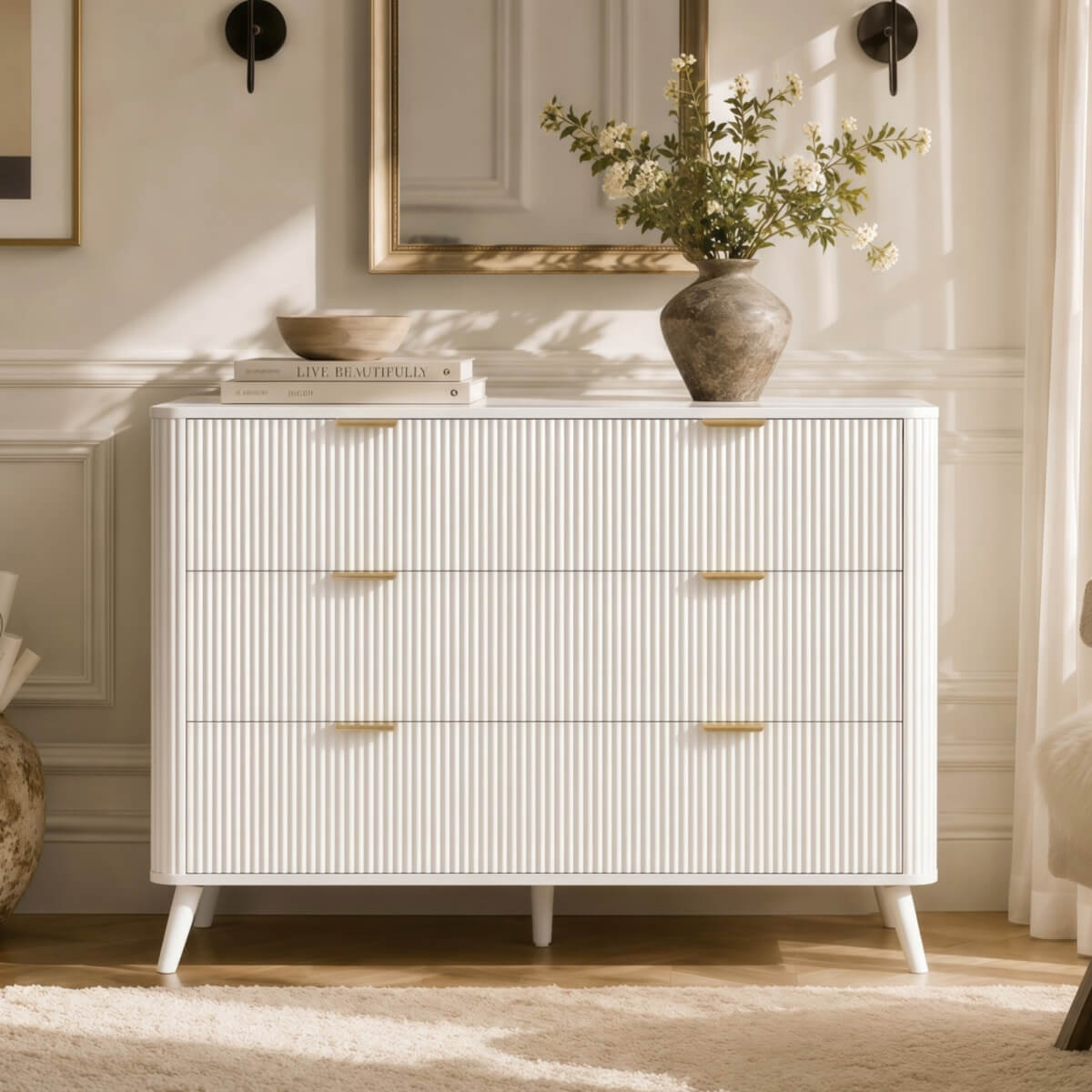 3-Drawer Chest of Drawers - Fluted Bedroom Storage Unit with Rounded Corners, Gold Handles and 4 Solid Wood Legs, Cream White