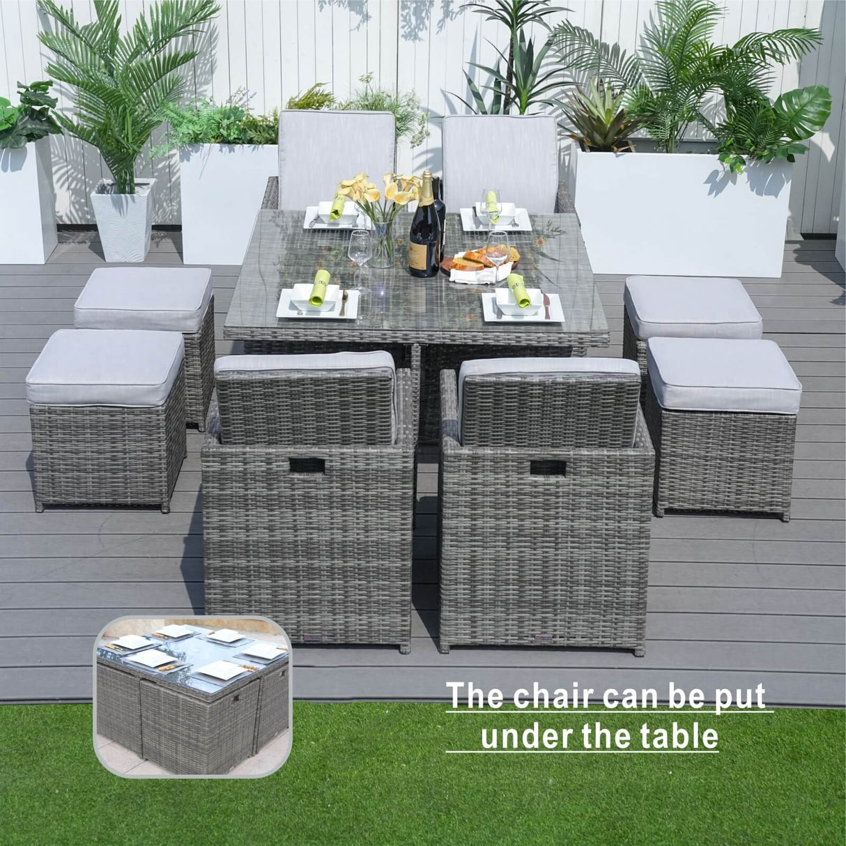 8 Seater Aluminium Rattan Dining Set – Outdoor Garden Table with 4 Chairs and 4 Footstools