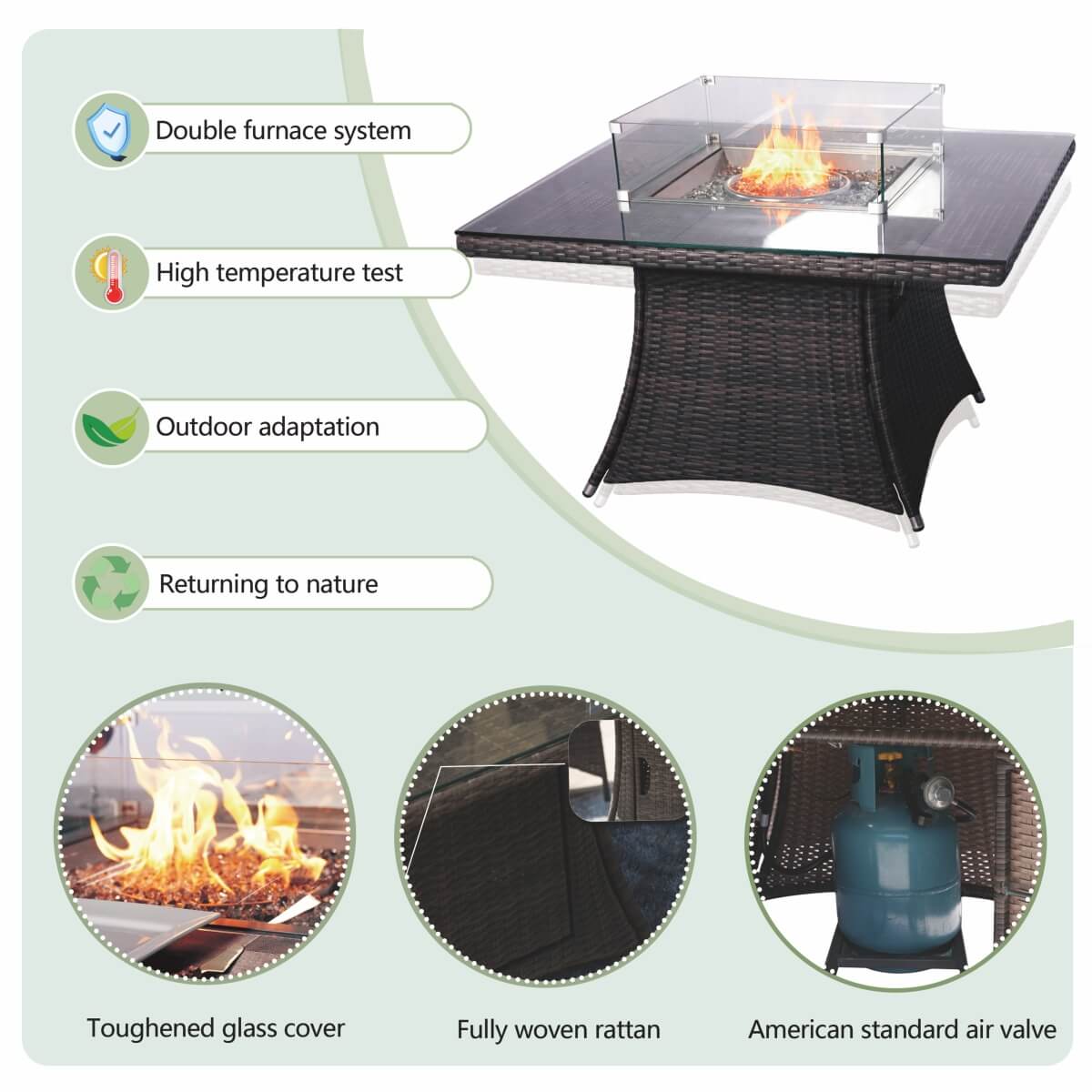 4-Seater Rattan Fire Pit Table Set - Square Gas Fire Pit Table with Wind Guard & Tempered Glass, Brown