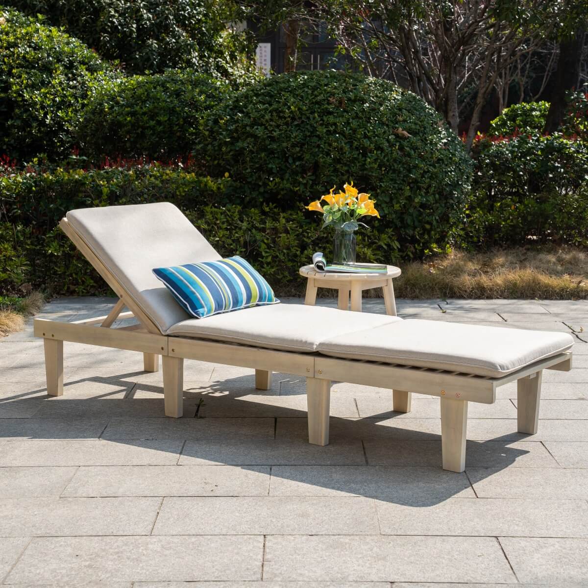 Wooden Garden Sun Lounger Set - Adjustable Backrest with Side Table