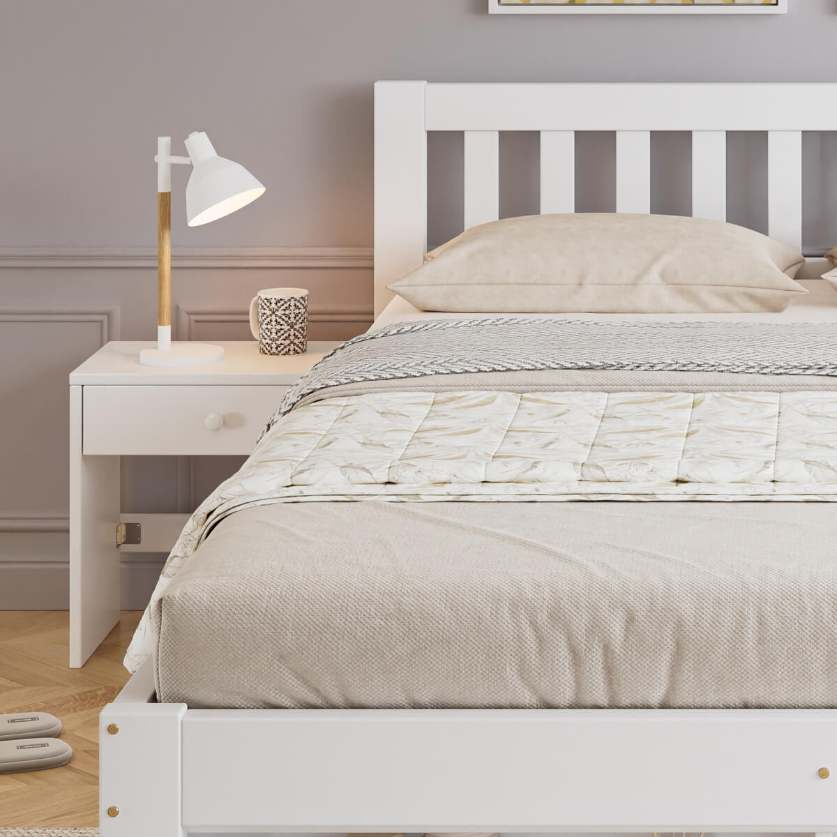 4ft6 Double Wooden Storage Bed with 2 Bedside Tables & 2 Drawers - Sturdy Bed Frame with Reversible Storage Compartments, White