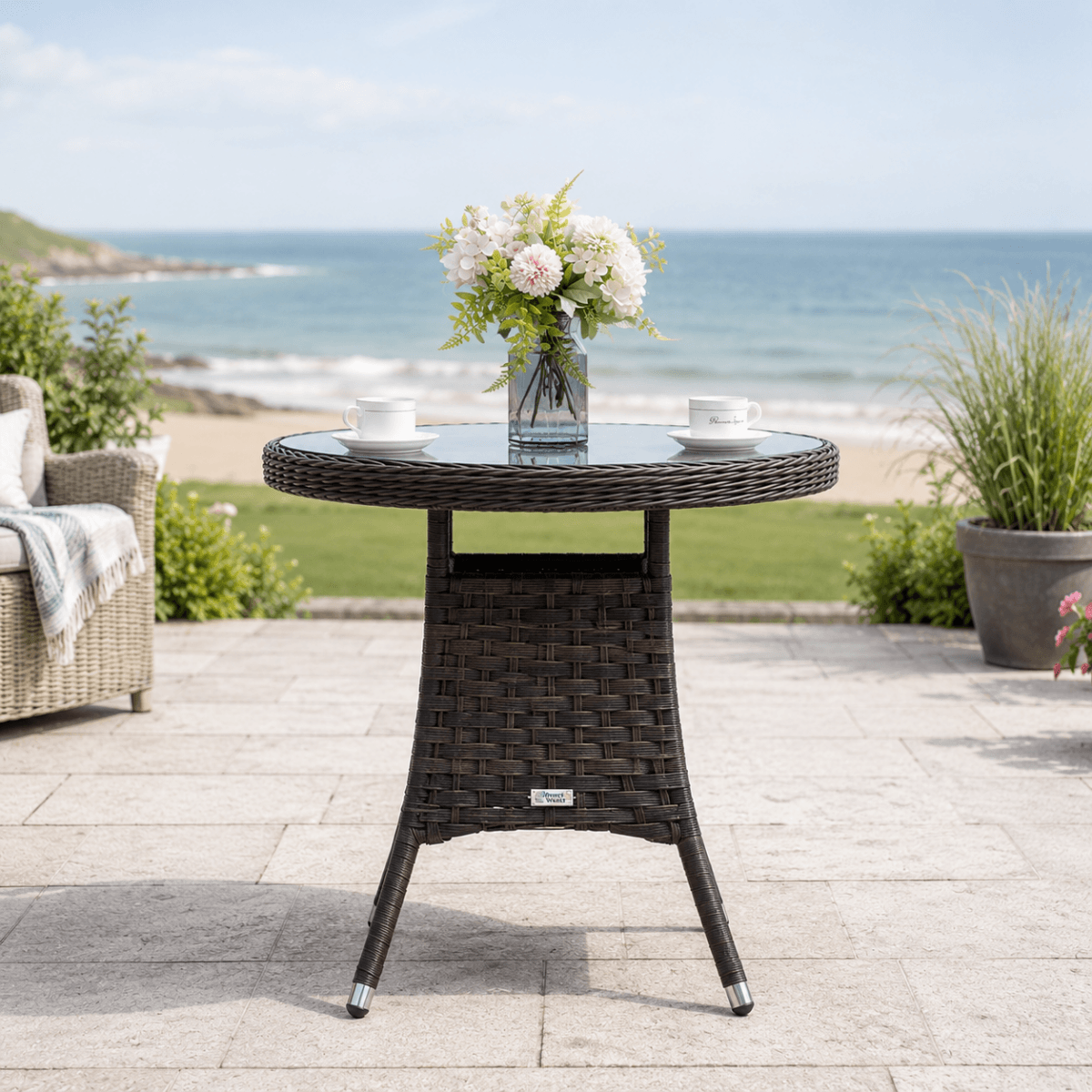 Outdoor Rattan Dining Table - Round Garden Table, Aluminium Frame