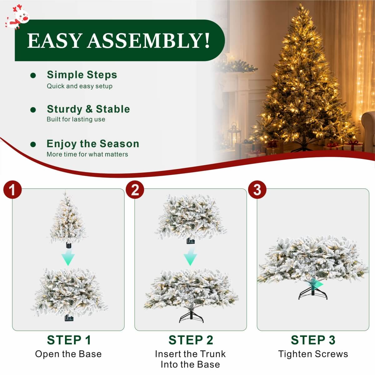 Realistic Snow-Flocked Green Artificial Christmas Tree - Full PVC & PE Mixed-Foliage Xmas Tree with Pre-Lit Warm White LED Lights & Faux Snow Effect, 6ft/7ft/8ft