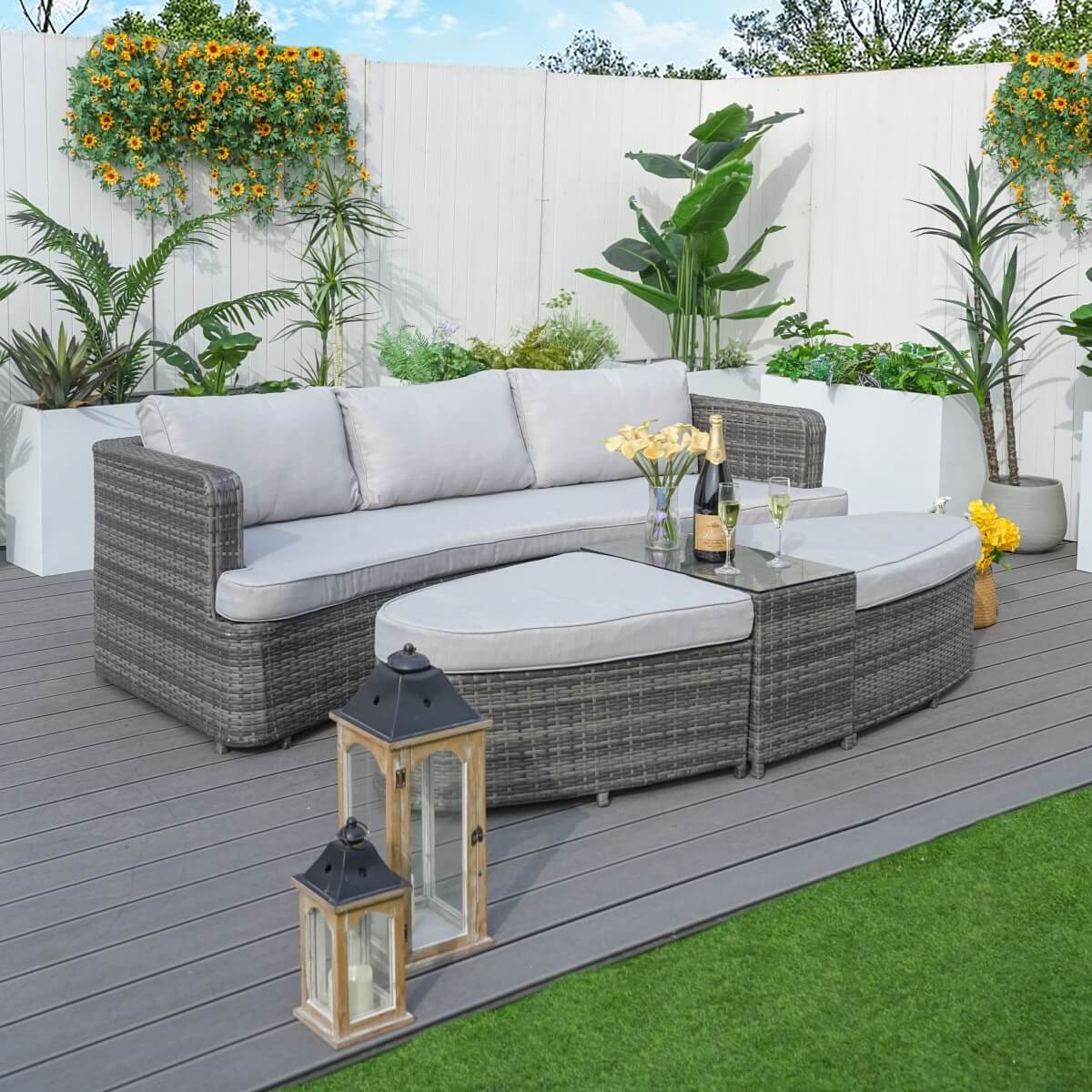 Rattan Outdoor Daybed with Coffee Table - Garden Sun Lounger Sofa