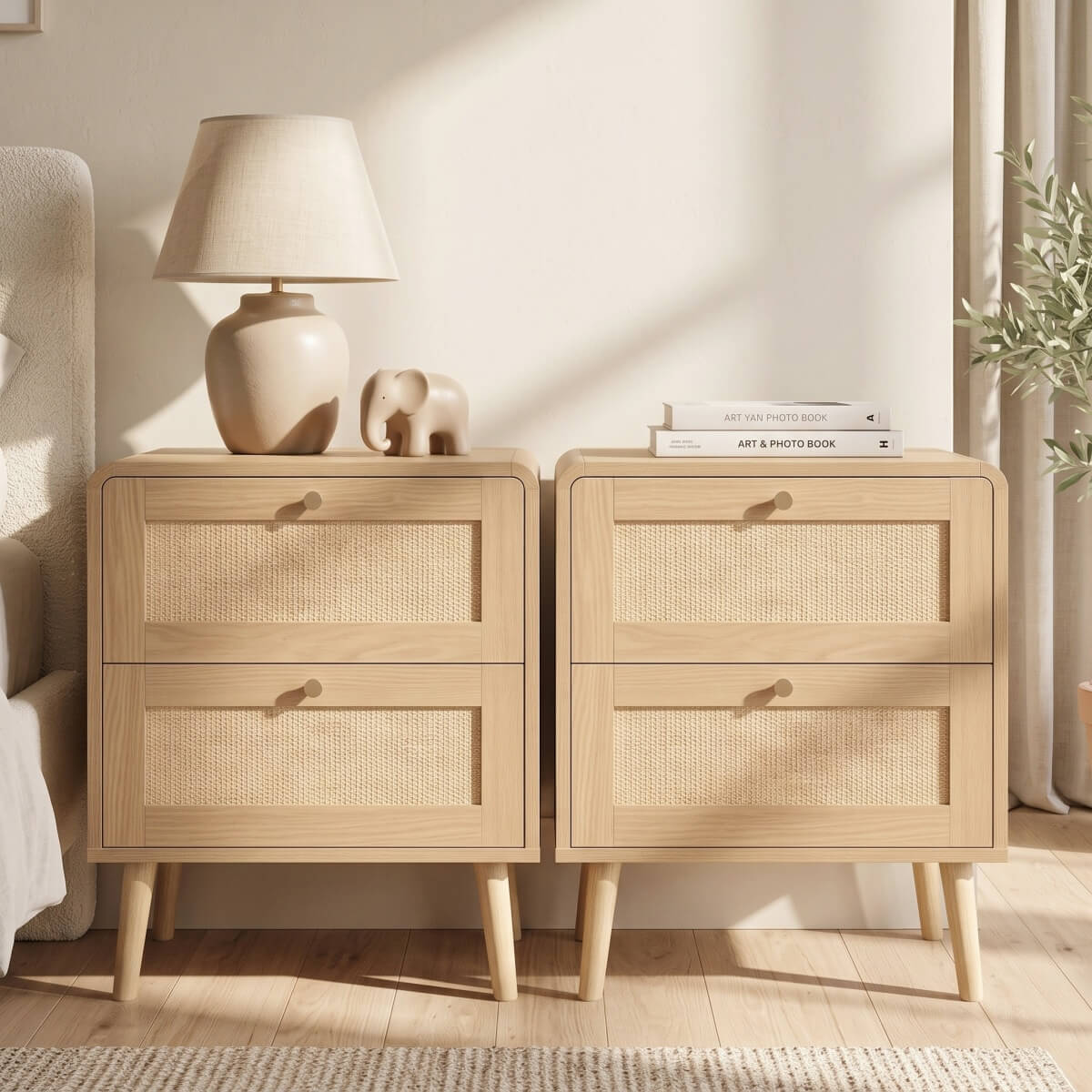 Set of 2 Rattan Effect Bedside Tables with 2 Drawers - Rounded Corners and Raised Legs, Natural Oak