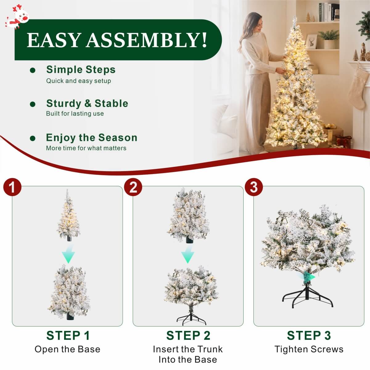 Snow-Flocked Green Artificial Christmas Tree - Realistic Full PVC Xmas Tree with Pre-Lit Warm White LED Lights & Faux Snow Effect, 5ft/6ft/7ft