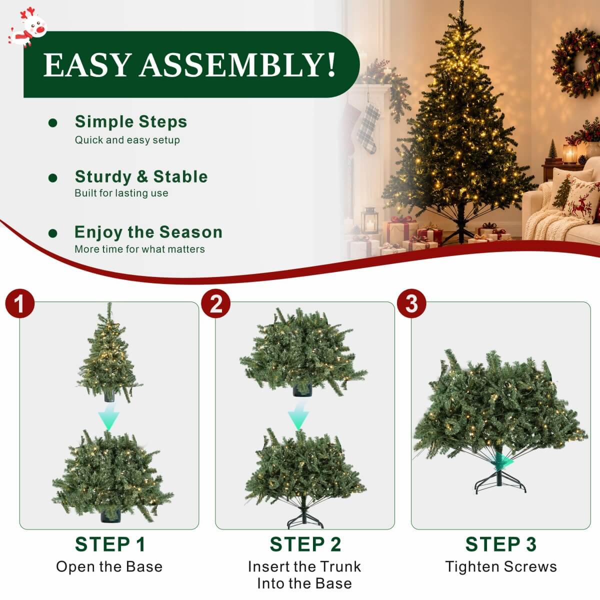 Realistic Full Green Artificial Christmas Tree - PVC Xmas Tree with Pre-Lit Warm White LED Lights, Easy Setup & Indoor Festive Decoration, 6ft/7ft/8ft