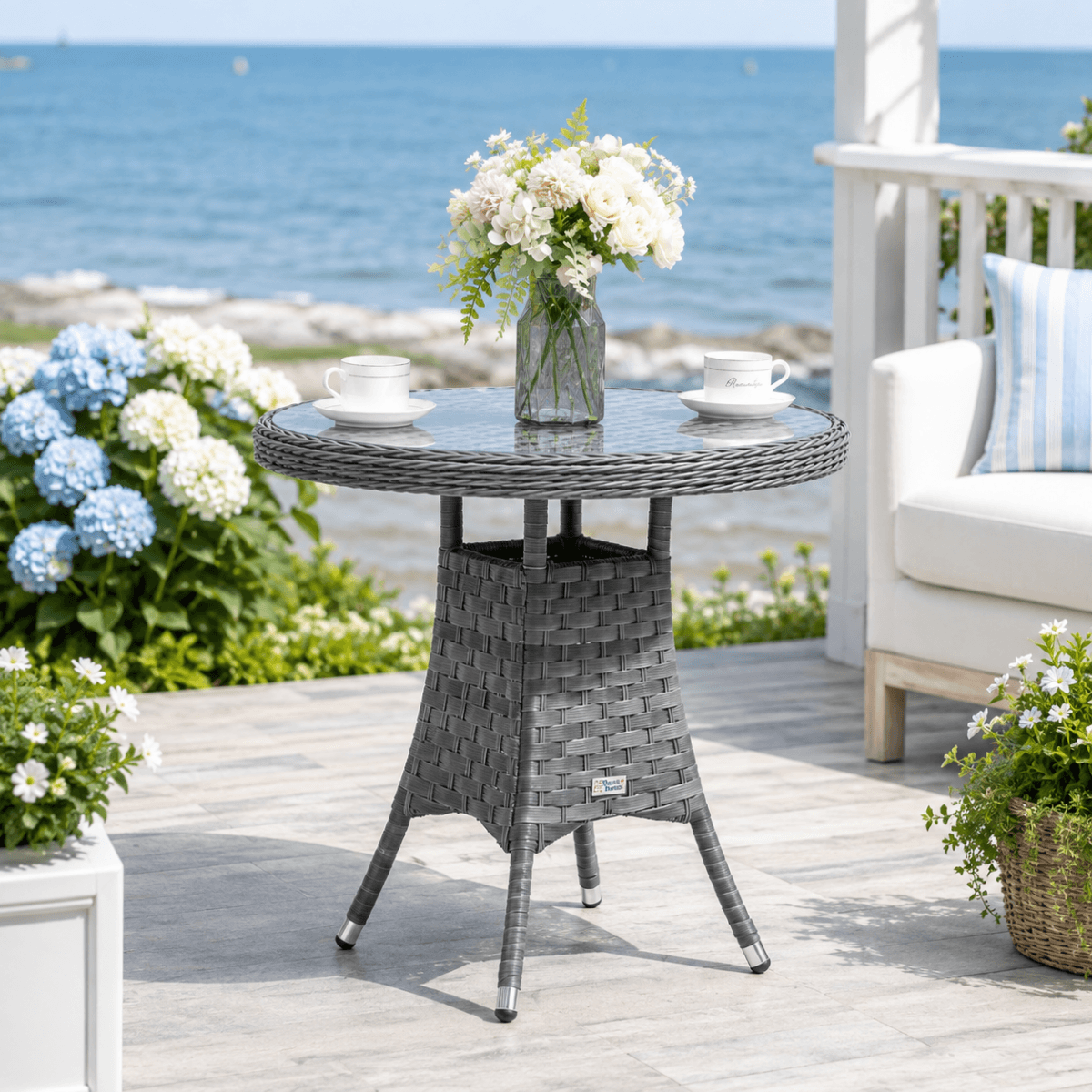 Outdoor Rattan Dining Table - Round Garden Table, Aluminium Frame