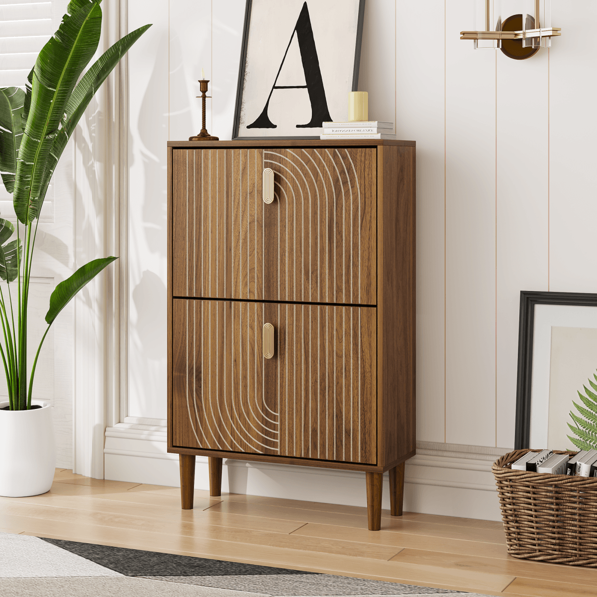 Shoe Storage Cabinet with 2 Flip-Down Drawers - Freestanding Shoe Rack with Metal Handles and Grooved Design for Entryway