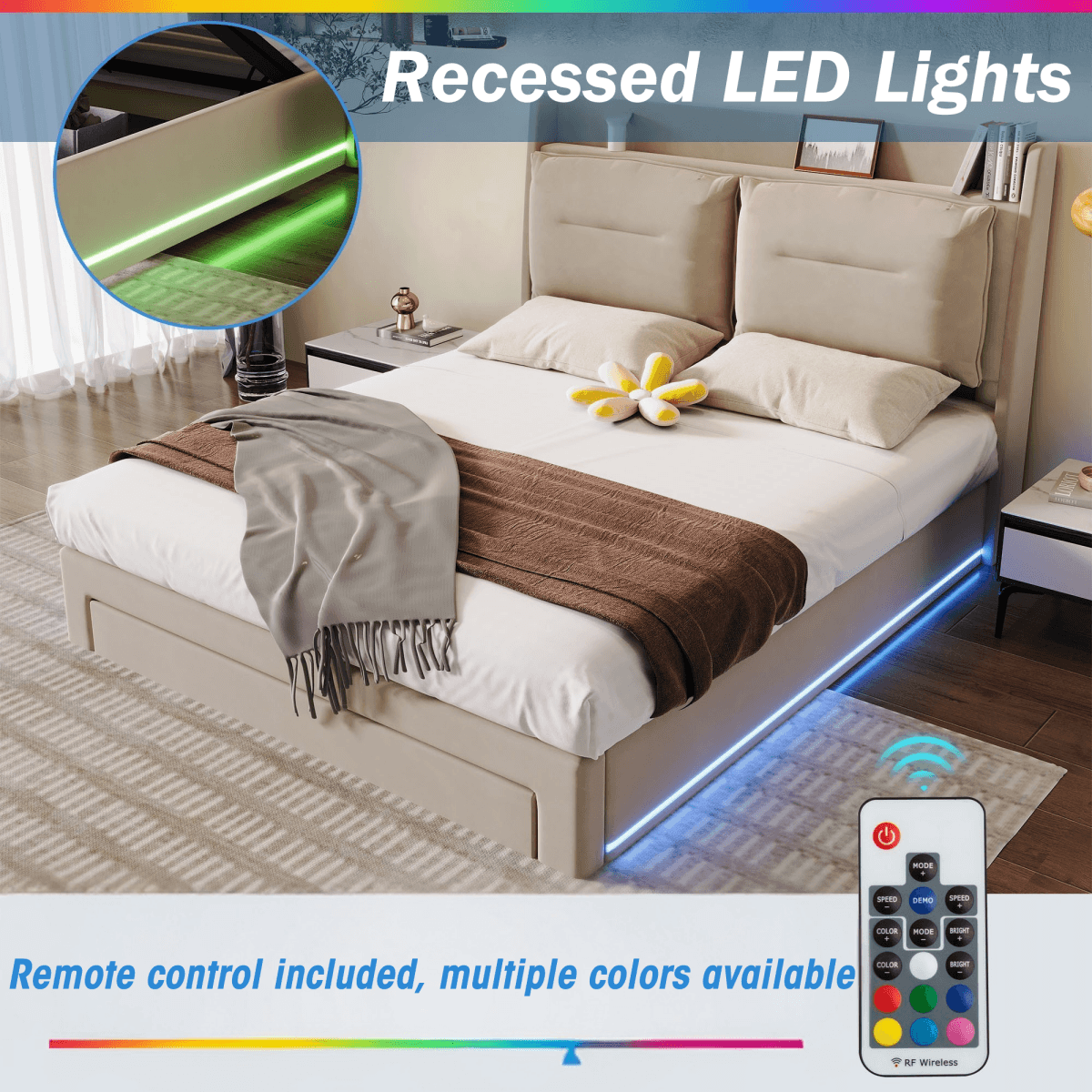 4ft6 Double Velvet Ottoman Bed - Upholstered Storage Bed with LED Lighting & End Drawers, Beige