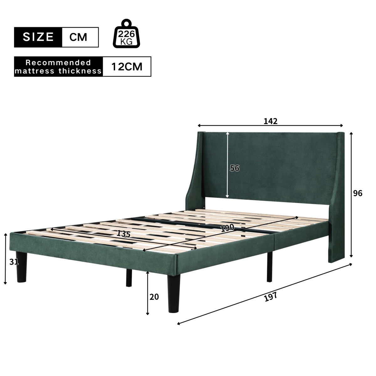 4ft6 Double Velvet Bed Frame - Winged Upholstered Headboard, Dark Green