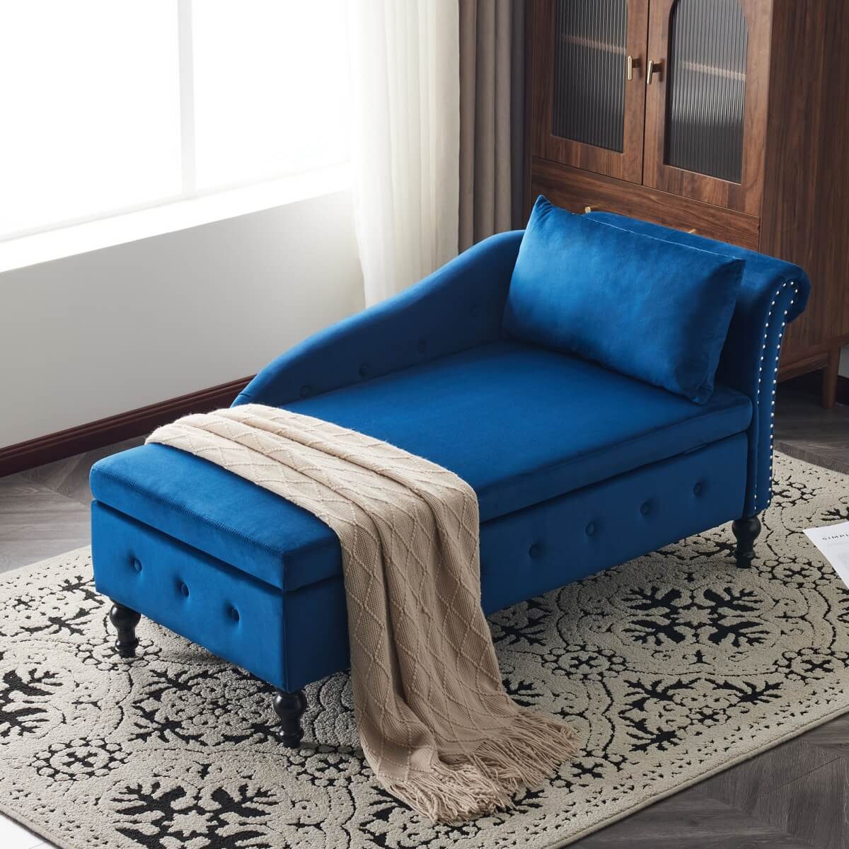 Velvet Chaise Lounge with Storage - Tufted Upholstered Sofa, Right Armrest, Blue