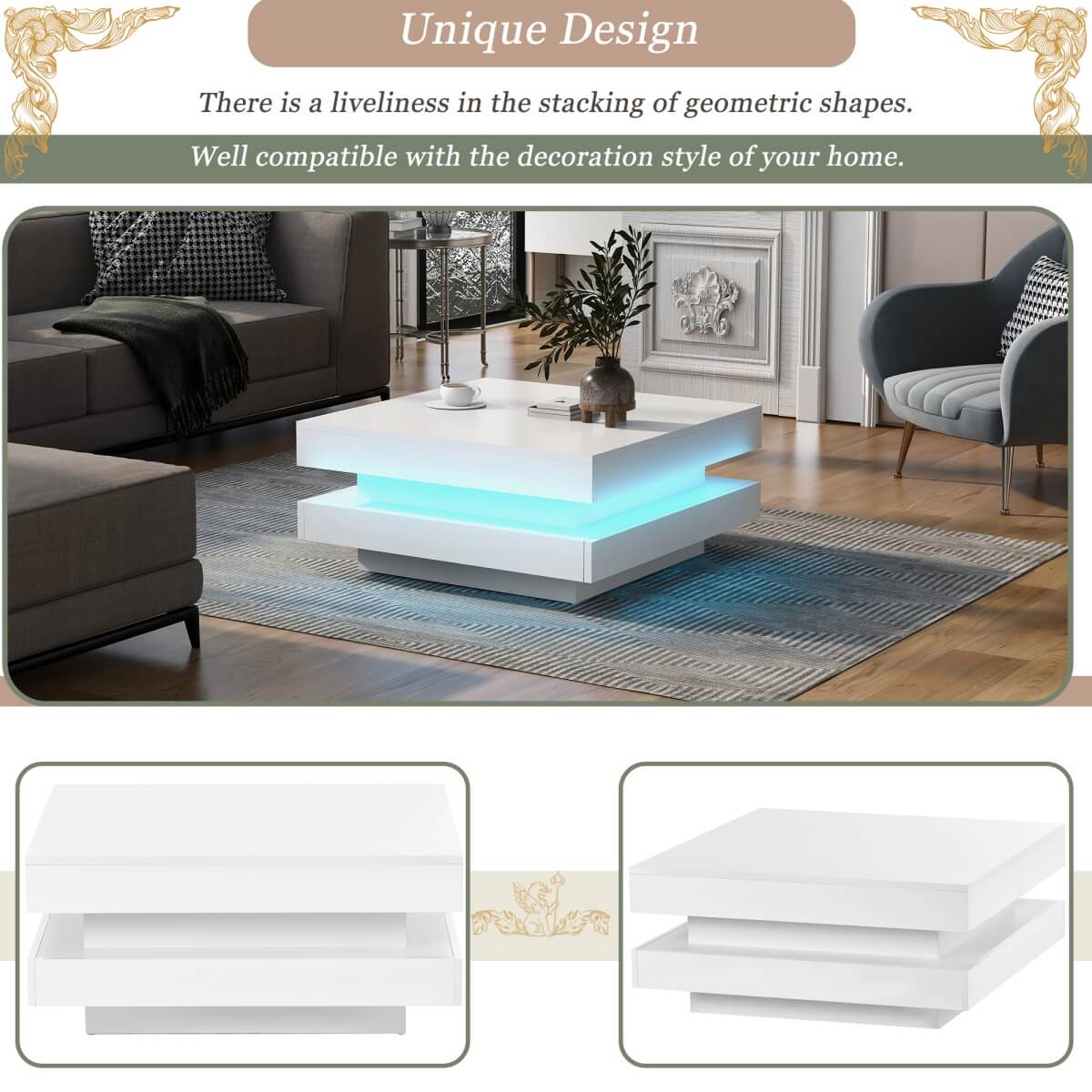 White High Gloss Coffee Table with 360¡ã Rotating Top & LED