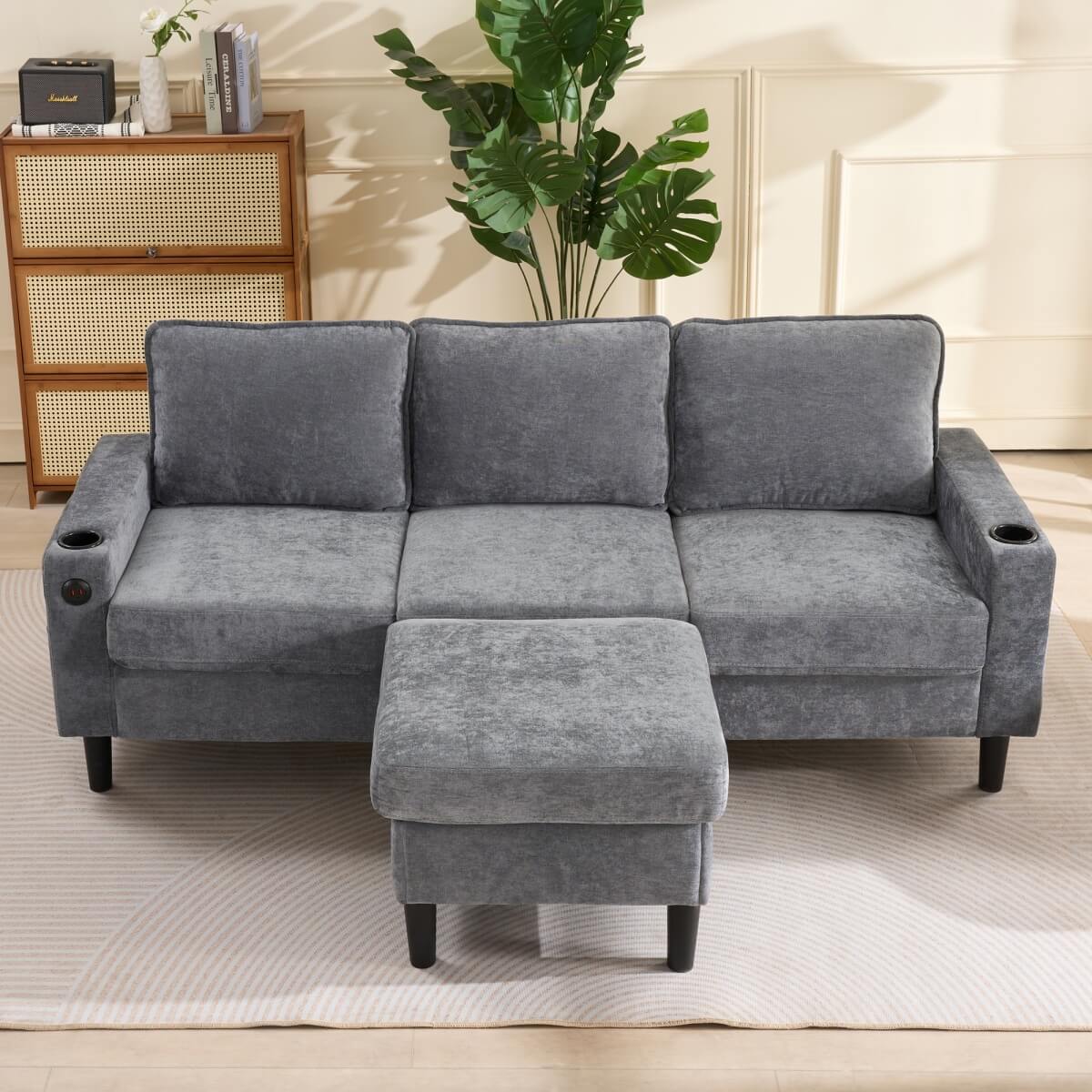 L Shaped Corner Sofa - 3 Seater Sectional Couch with USB & Cup Holder, Grey