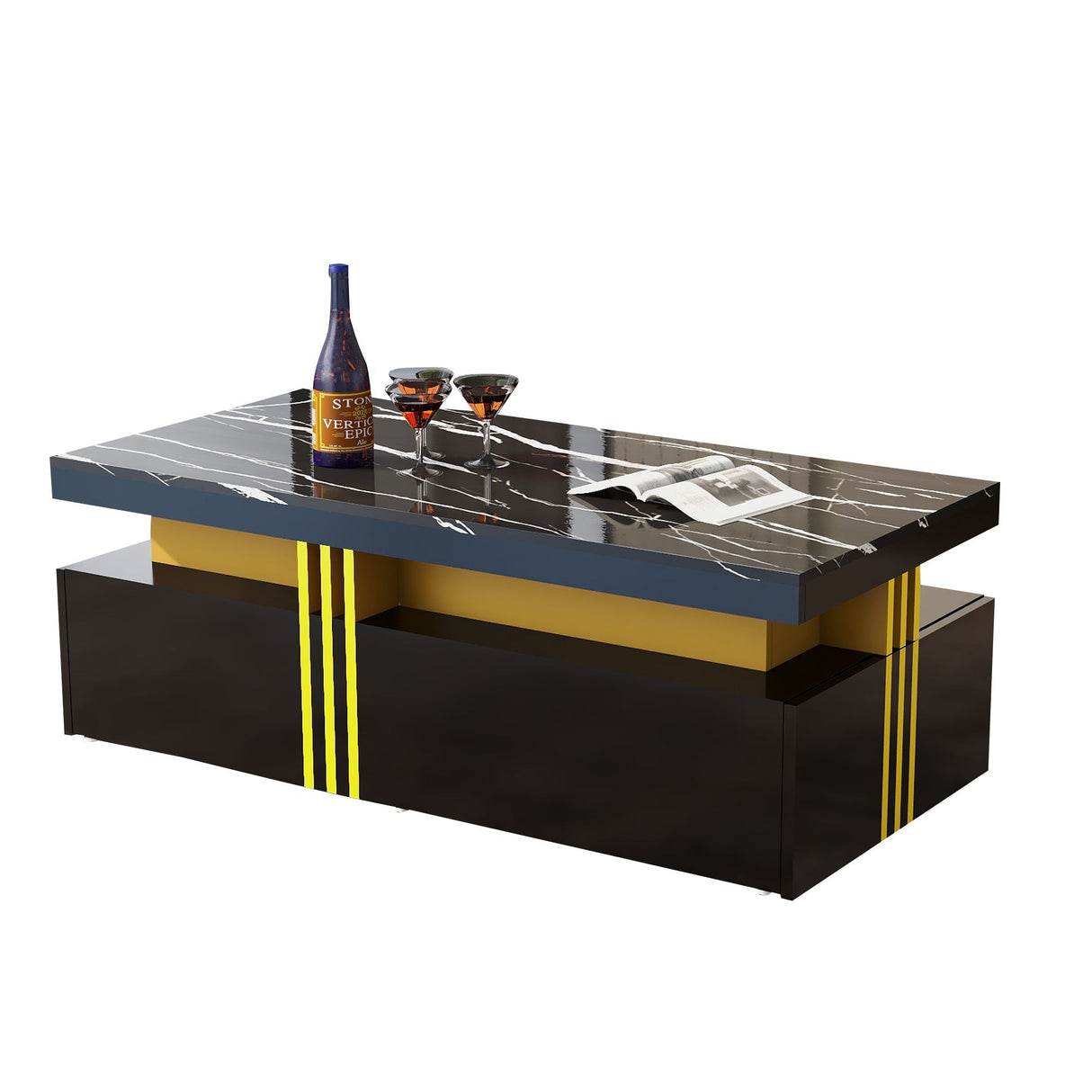 Modern Black Rectangular Coffee Table with Marble Pattern (Triamine Board) Top and 2 Wooden Drawers, Particle Board