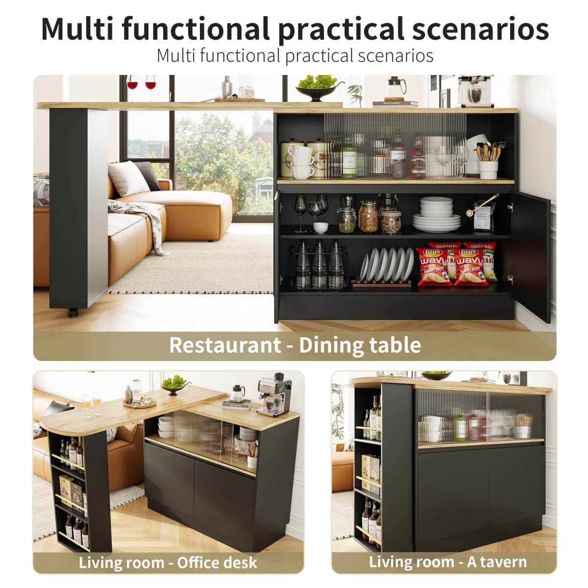 360° Swivel Kitchen Bar Sideboard - Modern Black Multifunctional Storage Cabinet with Glass Shelves