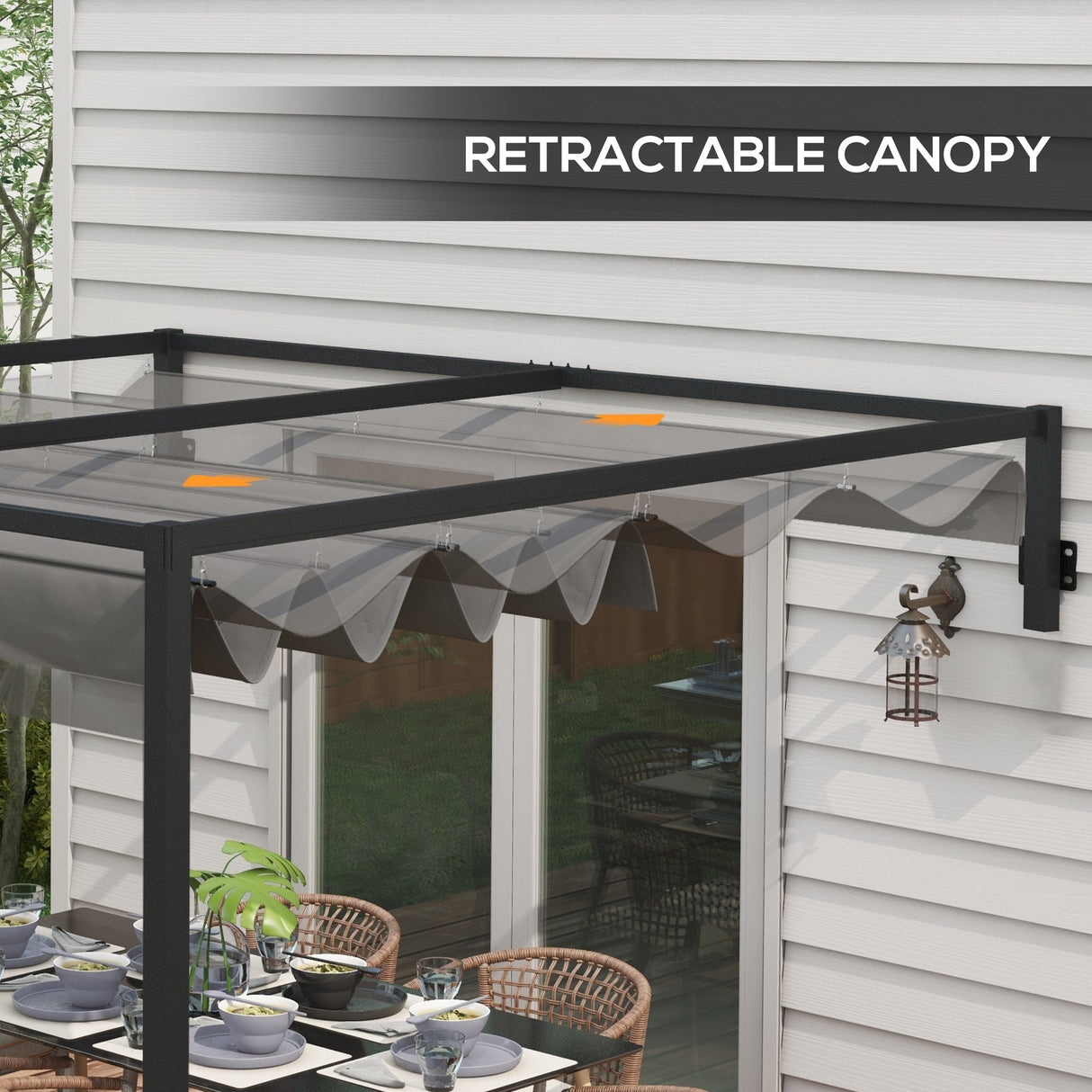Lean To Steel Pergola, 3 x 4m with Moving Fabric Canopy - Dark Grey