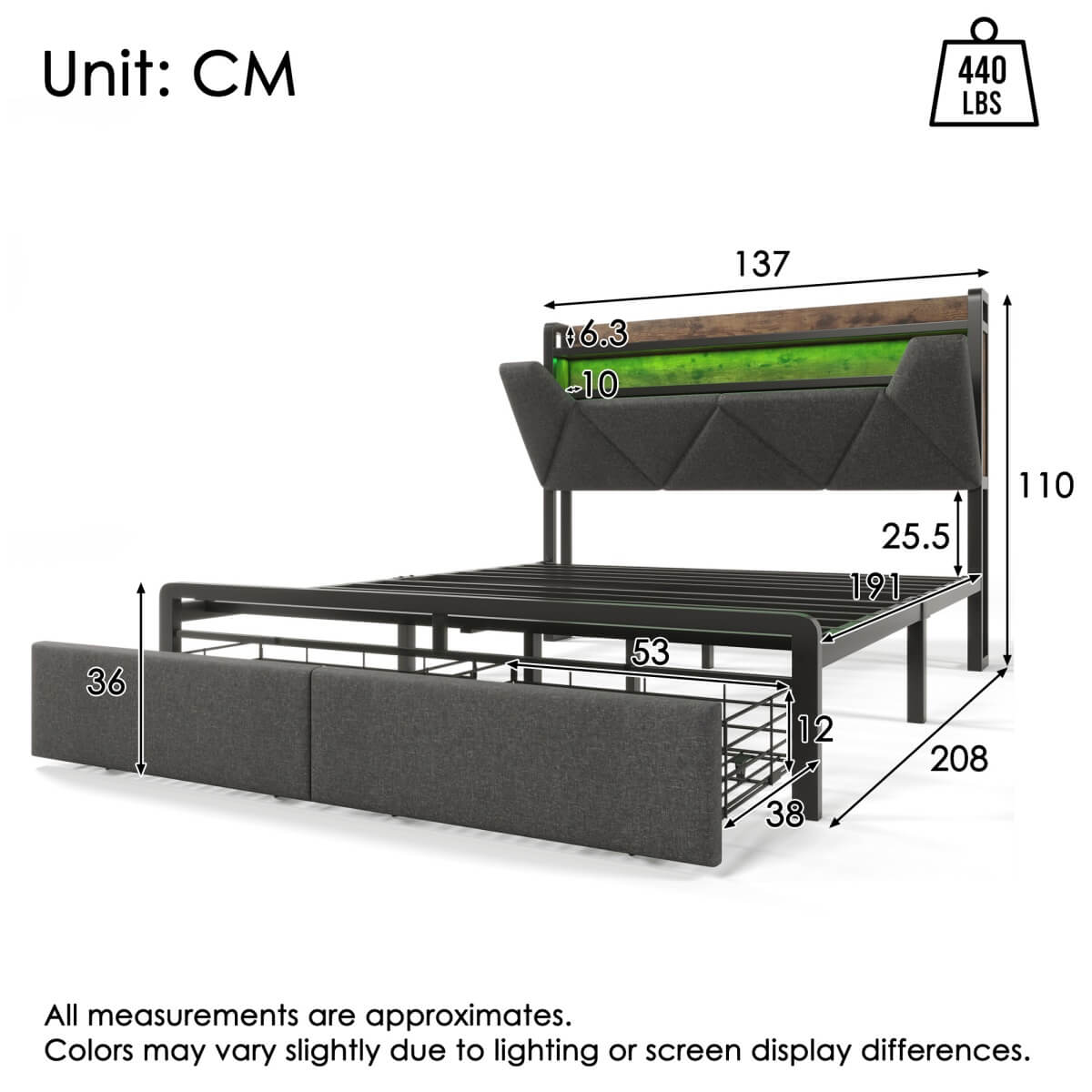 4FT6 Double Upholstered Storage Bed - LED Bed Frame with USB-C Charging & Storage Headboard