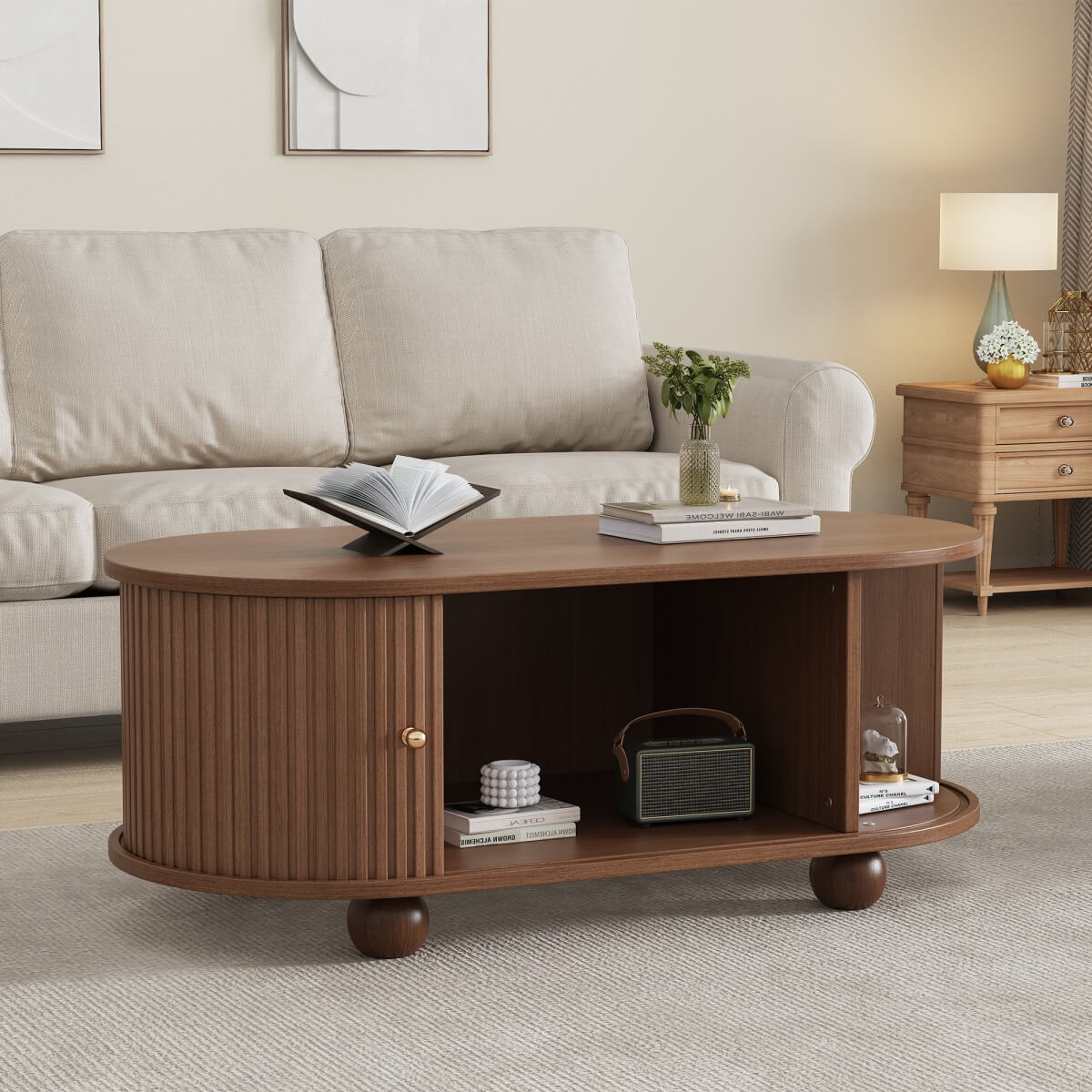 Oval Coffee Table – Oak MDF with 2 Sliding Doors, Hidden Storage Compartment