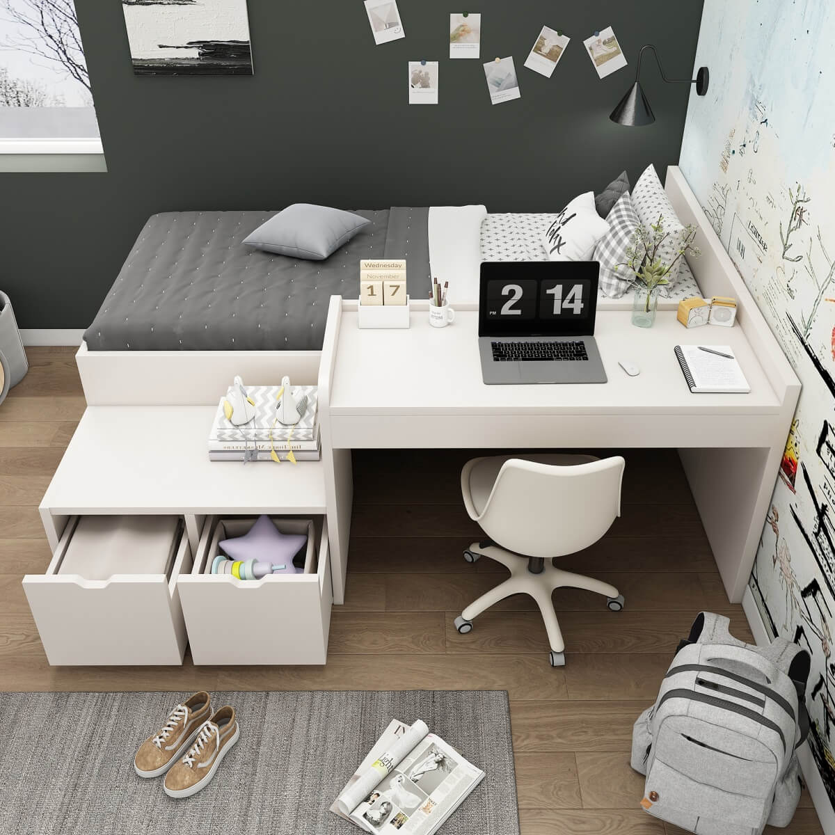 3ft Kids Single Bed with Desk & Drawers – White Wooden Storage Bed for Teens & Adults