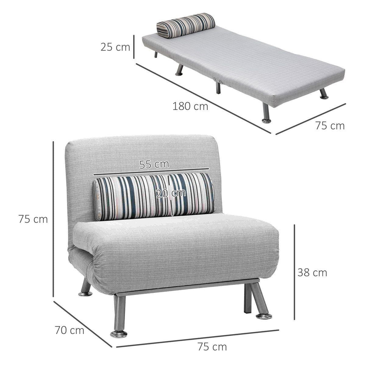 Single Sofa Bed, Foldable 1 Person Sleeper Lounge with Pillow, Grey