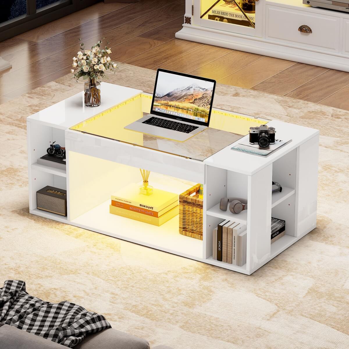 High Gloss White Coffee Table – LED Centre Table with Glass Top and Open Storage