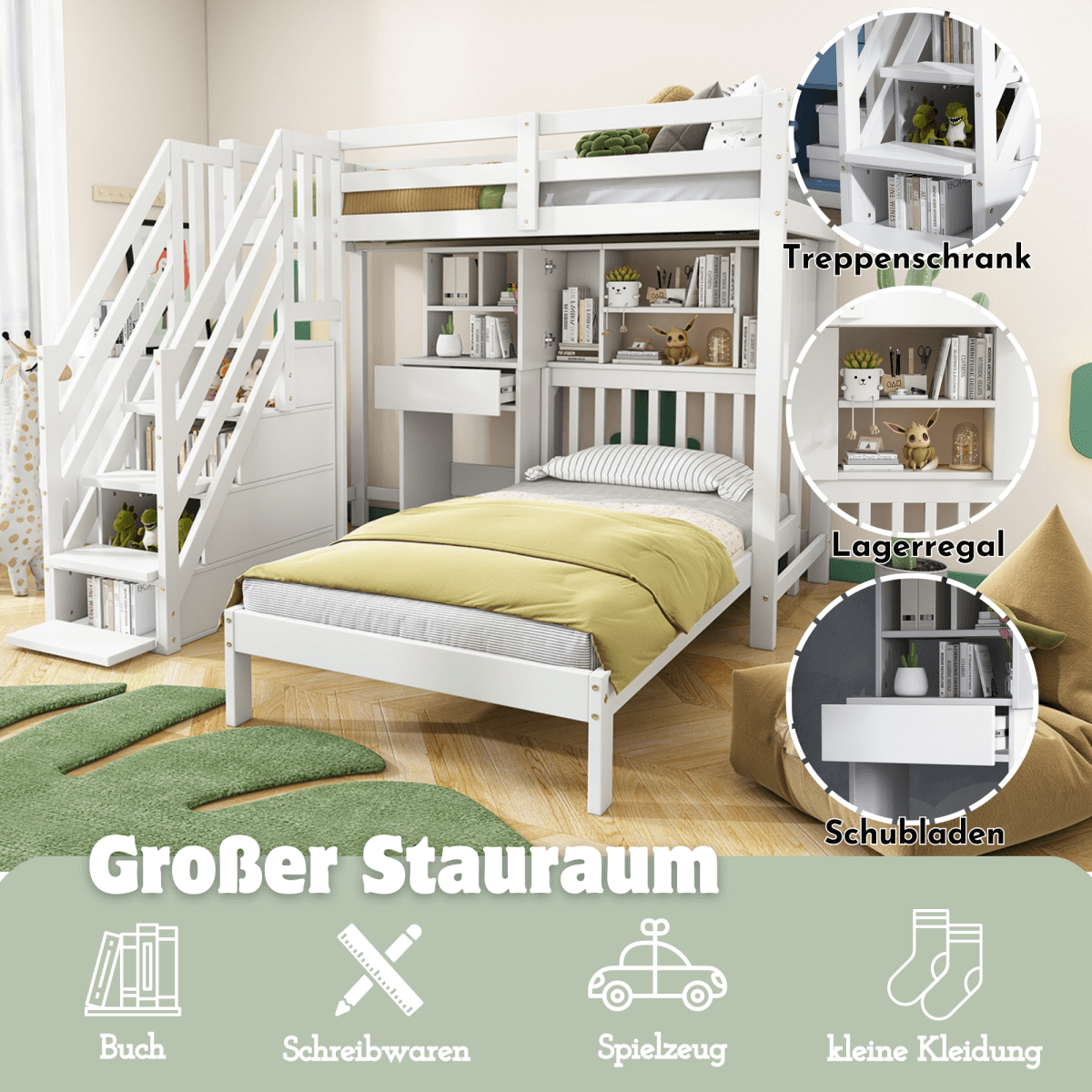 Kids Wooden Bunk Bed with Desk & Storage - 3ft Cabin Bed Frame, White