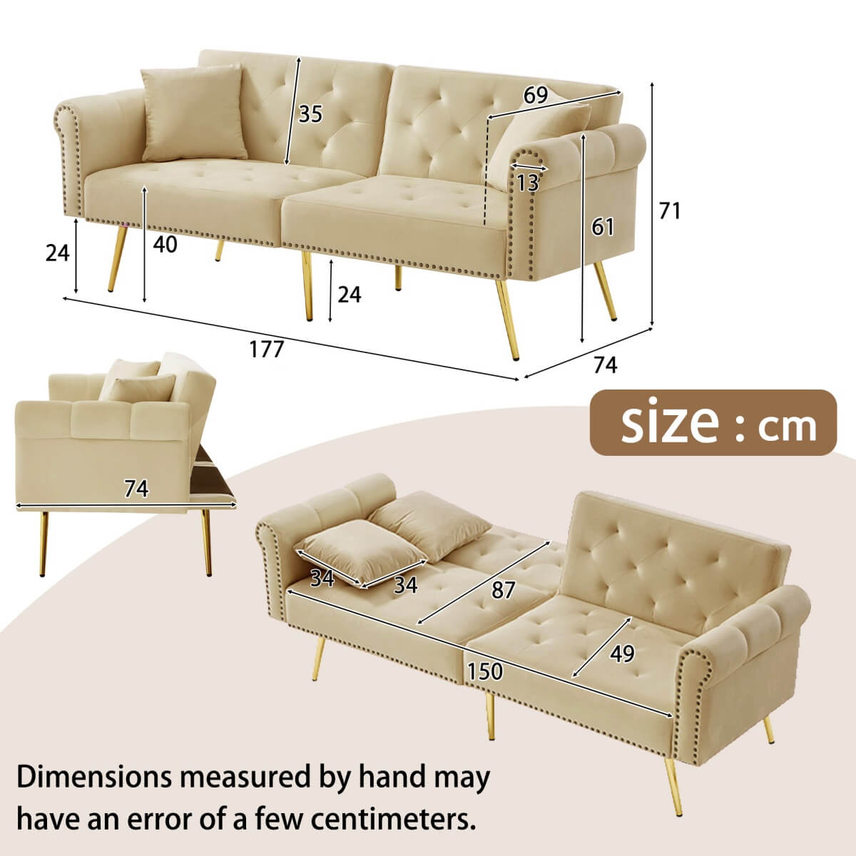 2-Seater Modern Sofa Bed – Velvet Upholstery with 3-Stage Adjustable Backrest and Gold Metal Feet, Space-Saving Convertible Sofa for Small Spaces