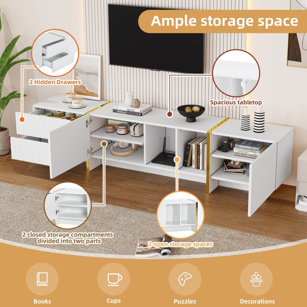 TV Stand for Up to 85 Inch TVs with Storage Cabinets & Open Shelves - Embossed Media Console, White