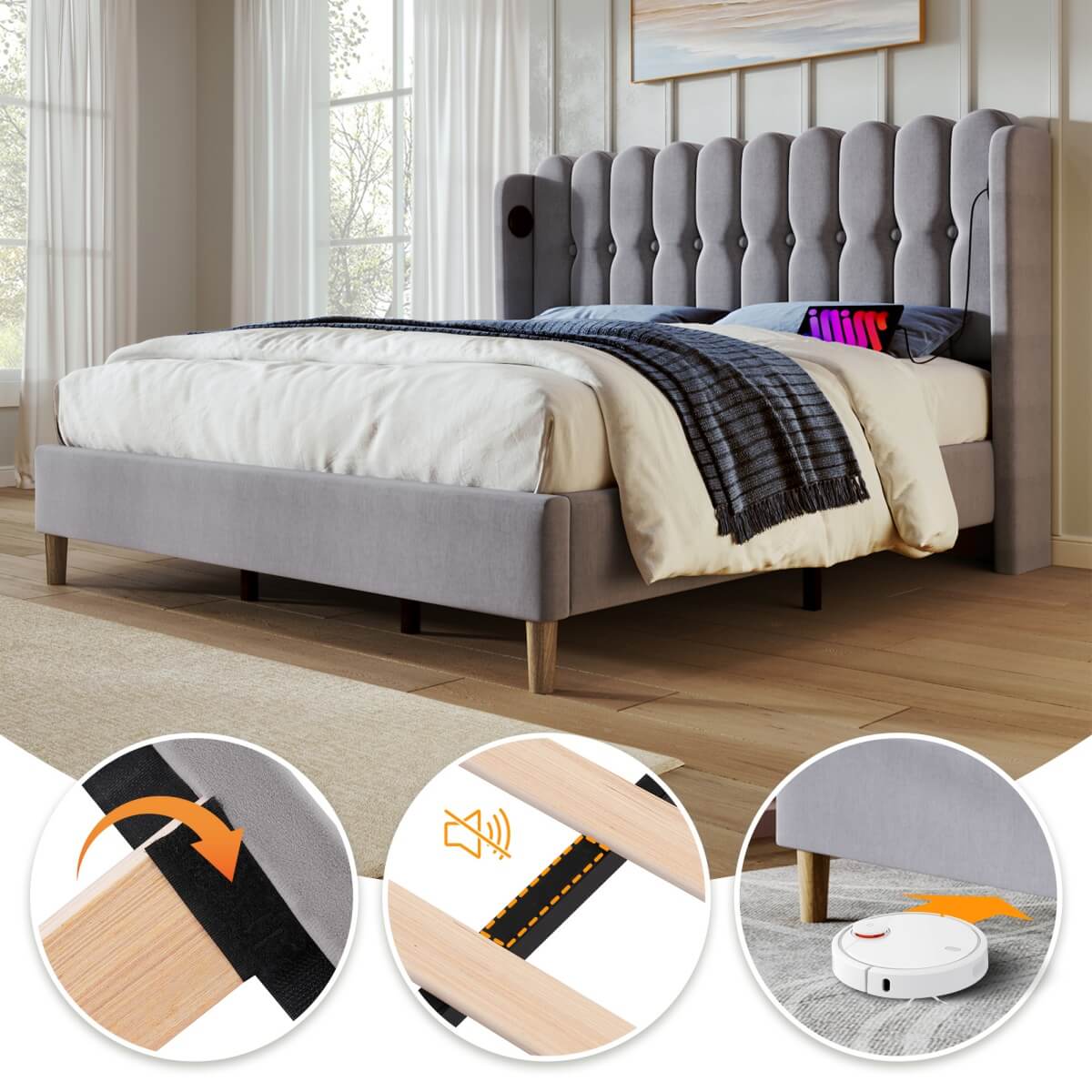 4ft6 Double Upholstered Bed with USB Charging - Grey Linen Bed Frame