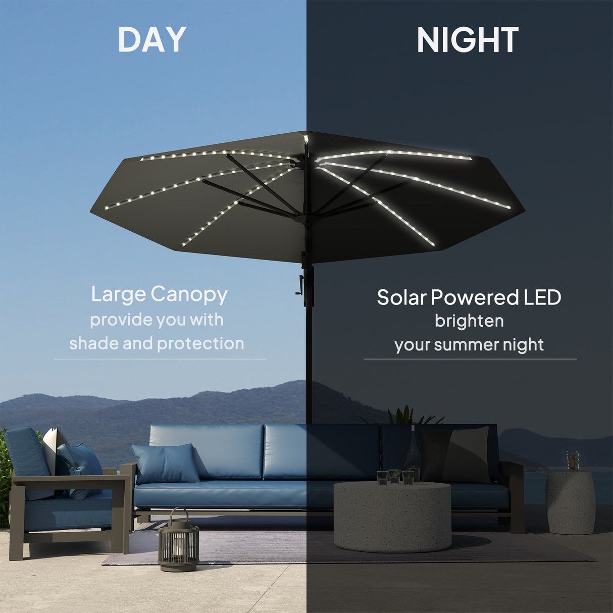 Cantilever Garden Parasol, Solar Powered Lights, Crank Handle, Cross Base, UPF 50+, 360?? Rotation, Dark Grey