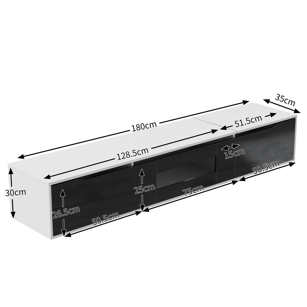 TV cabinet, high-gloss, white and black, with color-changing LED lights